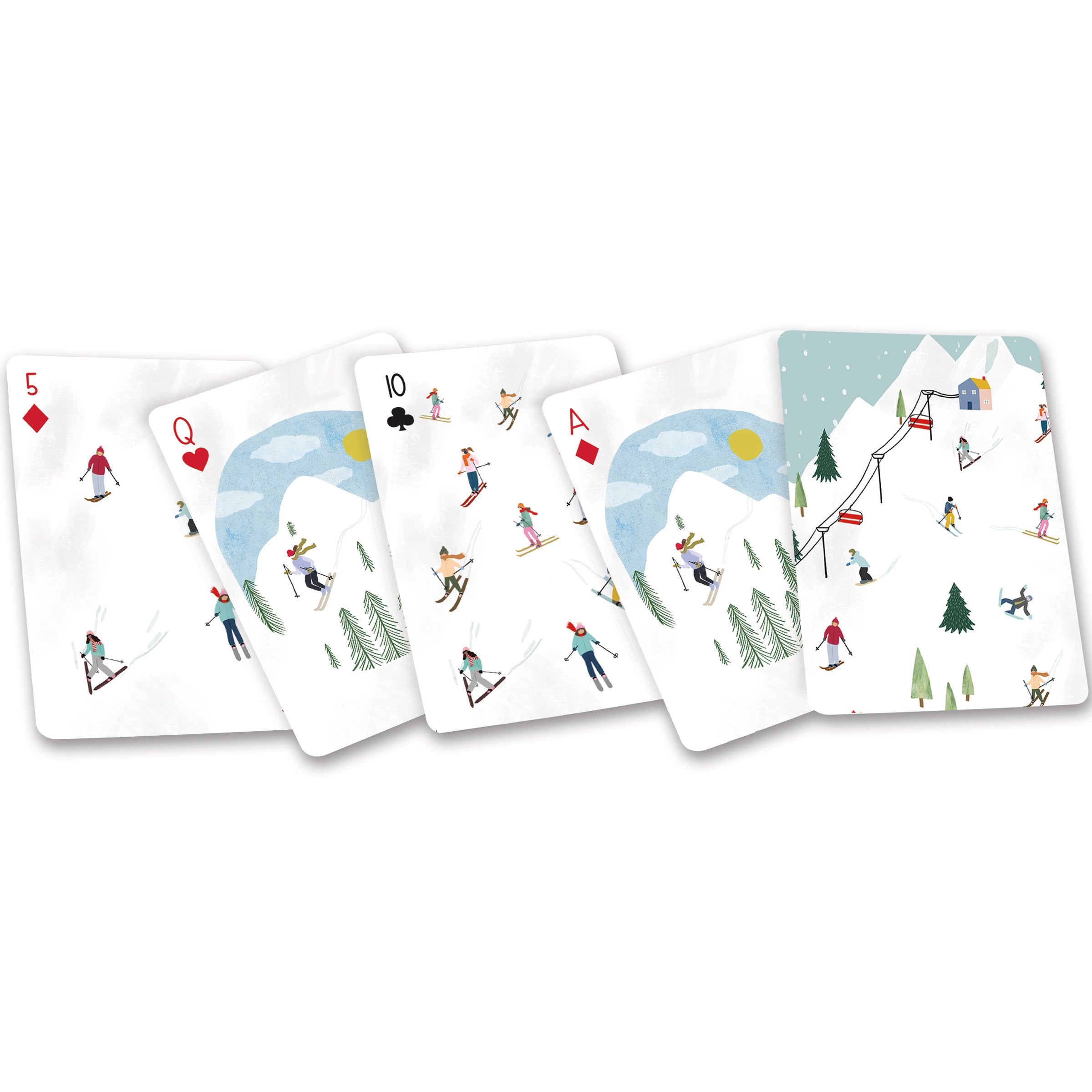 Fun Ski Lodge Themed 54-Card Deck with Hand-Illustrated Skiers & Acrylic Case