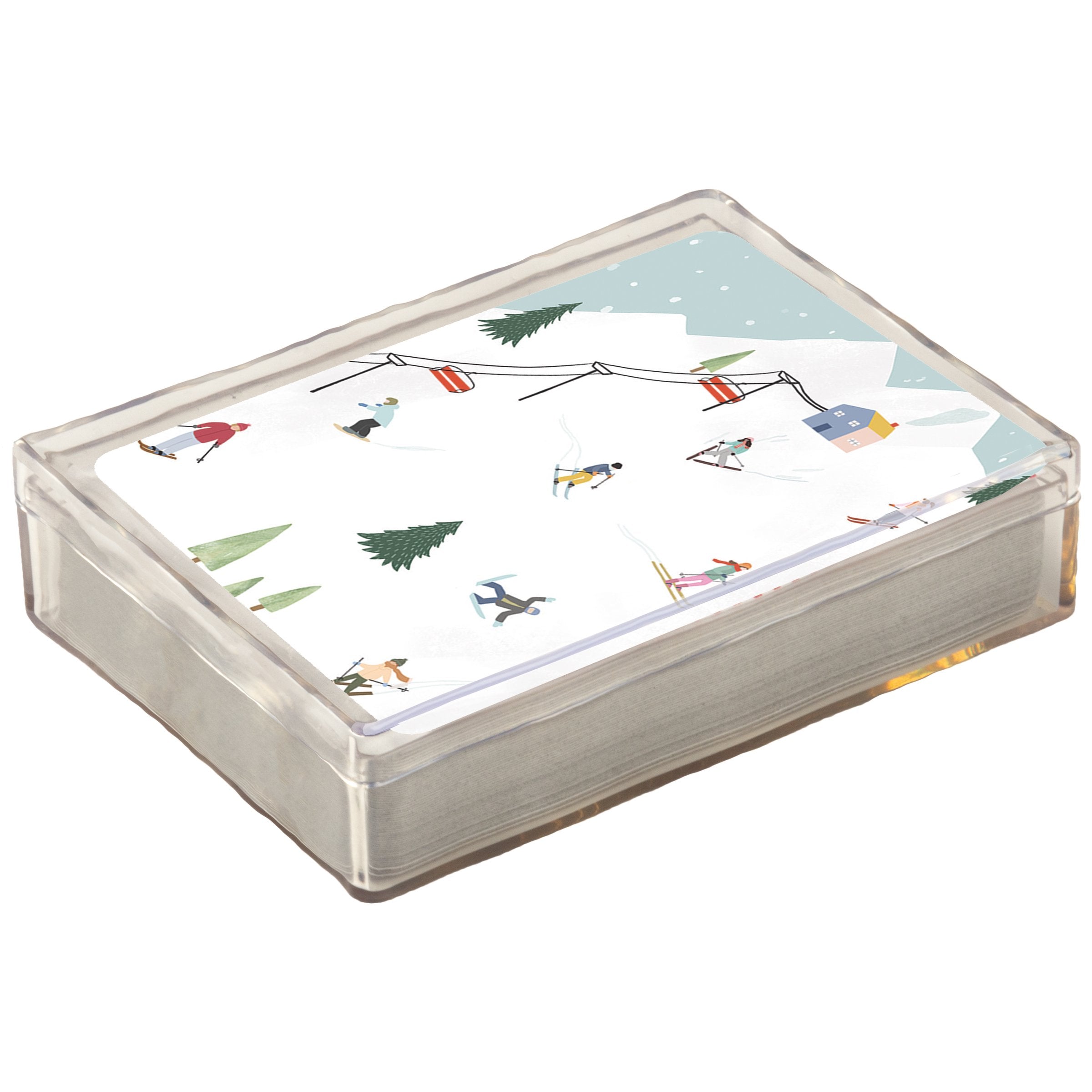 Fun Ski Lodge Themed 54-Card Deck with Hand-Illustrated Skiers & Acrylic Case
