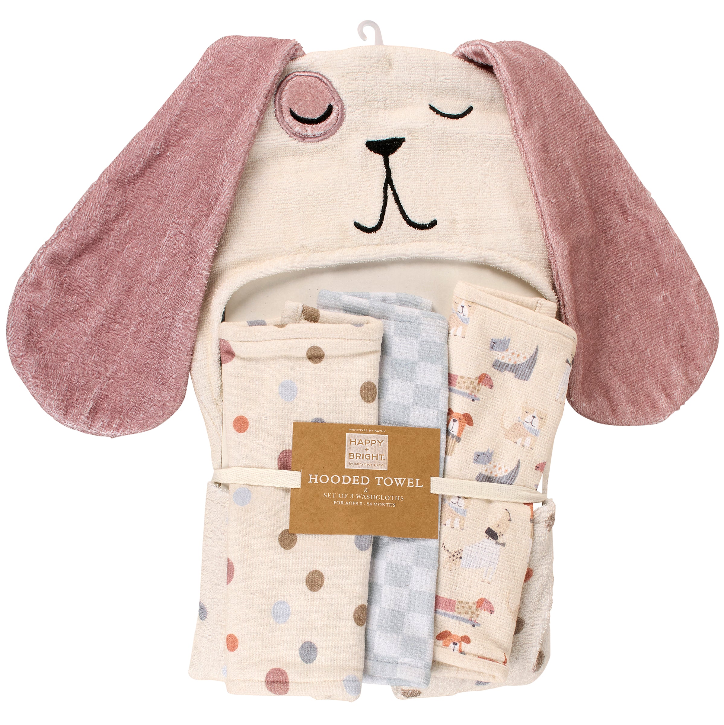 Soft Cotton Terry Puppy Hooded Bath Towel and Washcloth Set for Babies