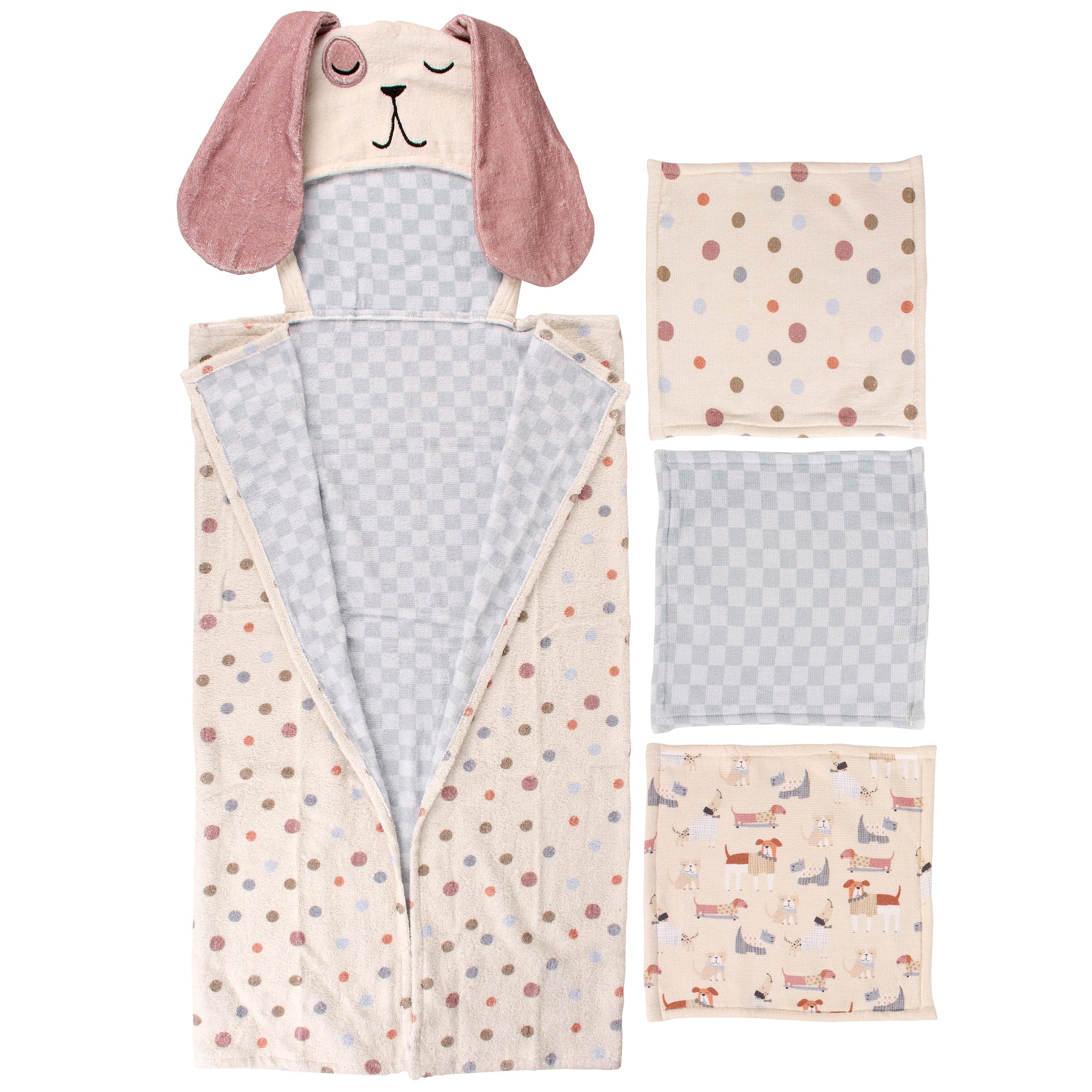 Soft Cotton Terry Puppy Hooded Bath Towel and Washcloth Set for Babies