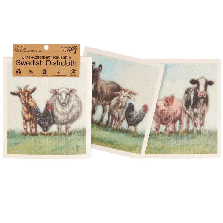 Eco-Friendly Farm Family Swedish Dishcloth Set - 3-Pack Ultra-Absorbent Machine Washable