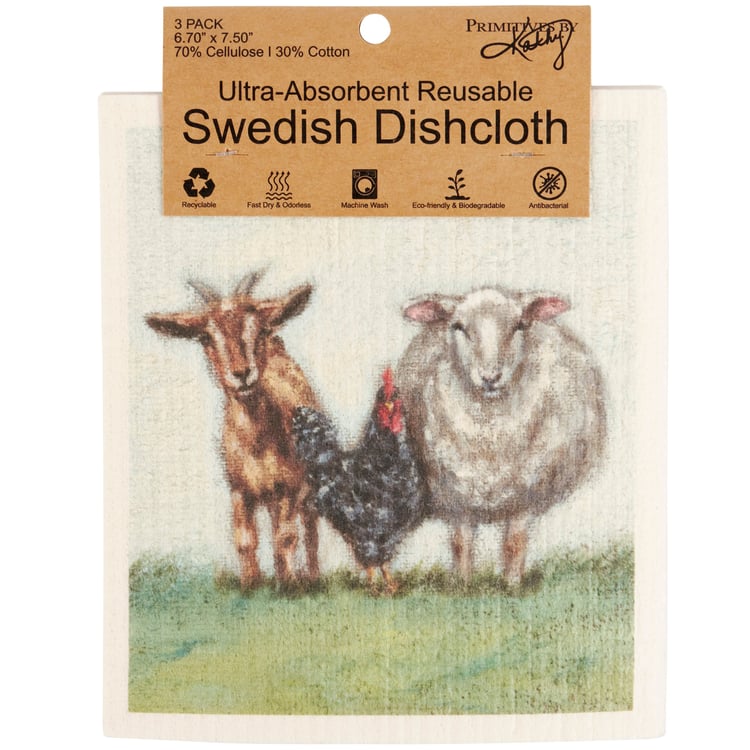 Eco-Friendly Farm Family Swedish Dishcloth Set - 3-Pack Ultra-Absorbent Machine Washable