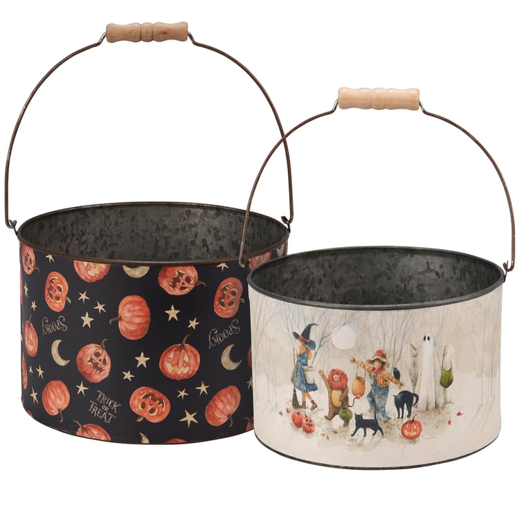 Festive Galvanized Metal Halloween Decor Buckets Set - Spooky Trick Or Treat Storage