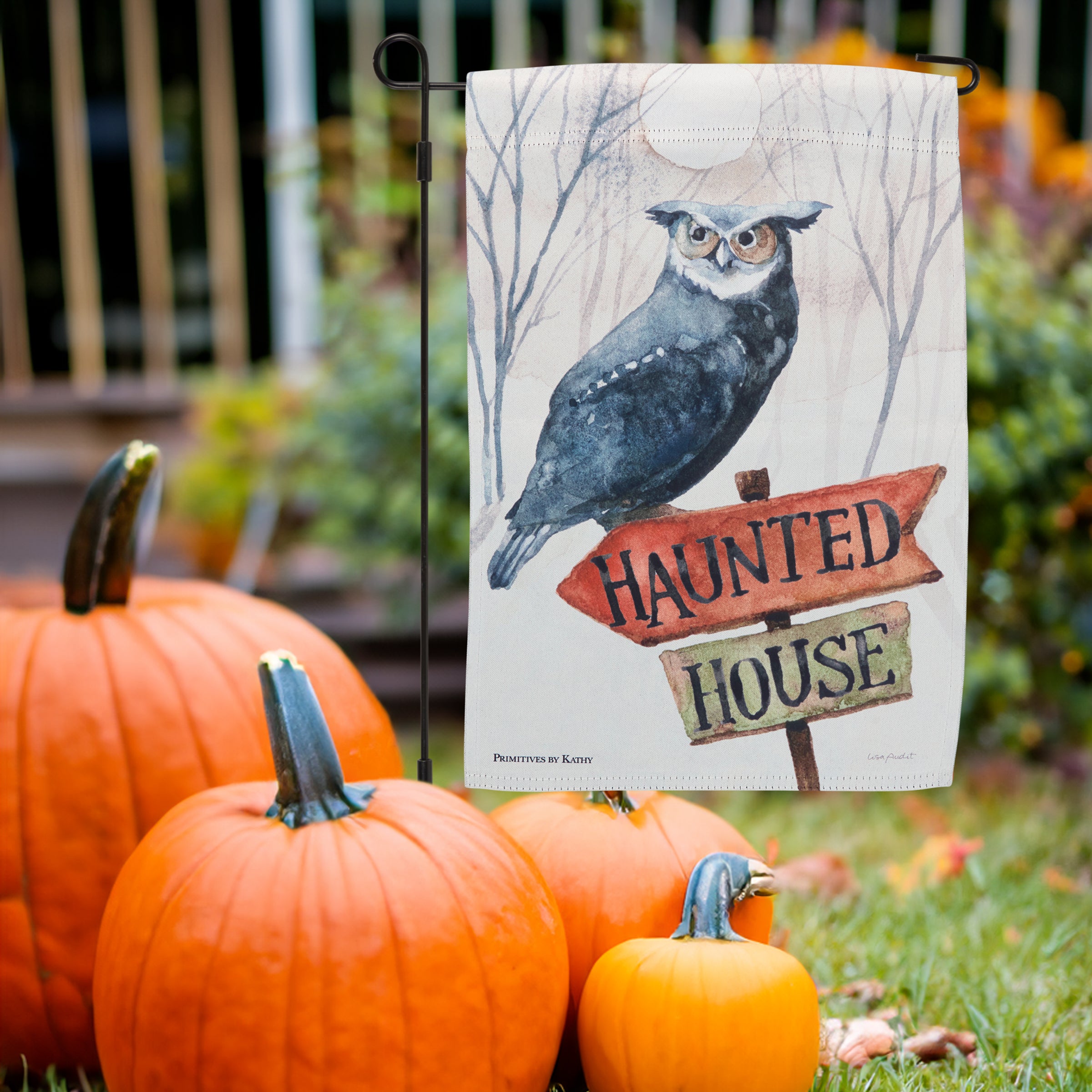 Spooky Haunted House Owl Garden Flag - Double-Sided Polyester Outdoor Halloween Decor