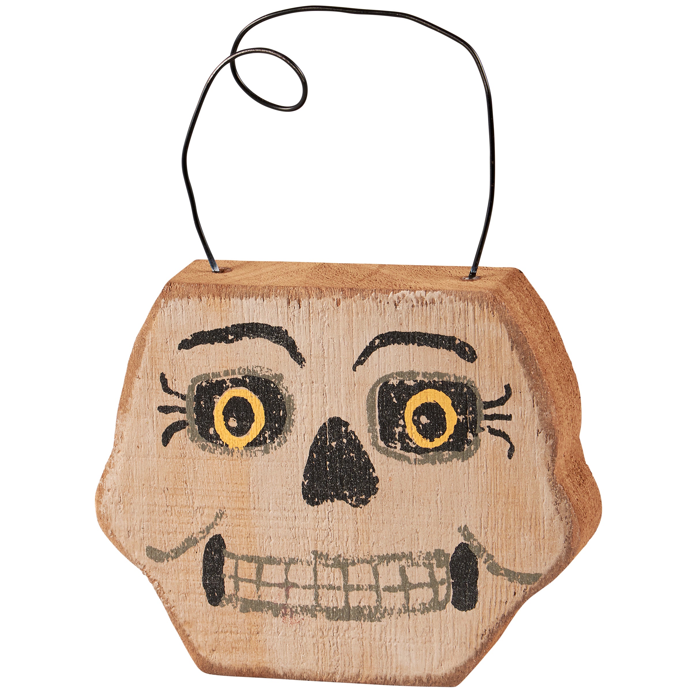 Rustic Skeleton Face Halloween Ornament - Hand-Painted Wooden Primitive Decor Accent