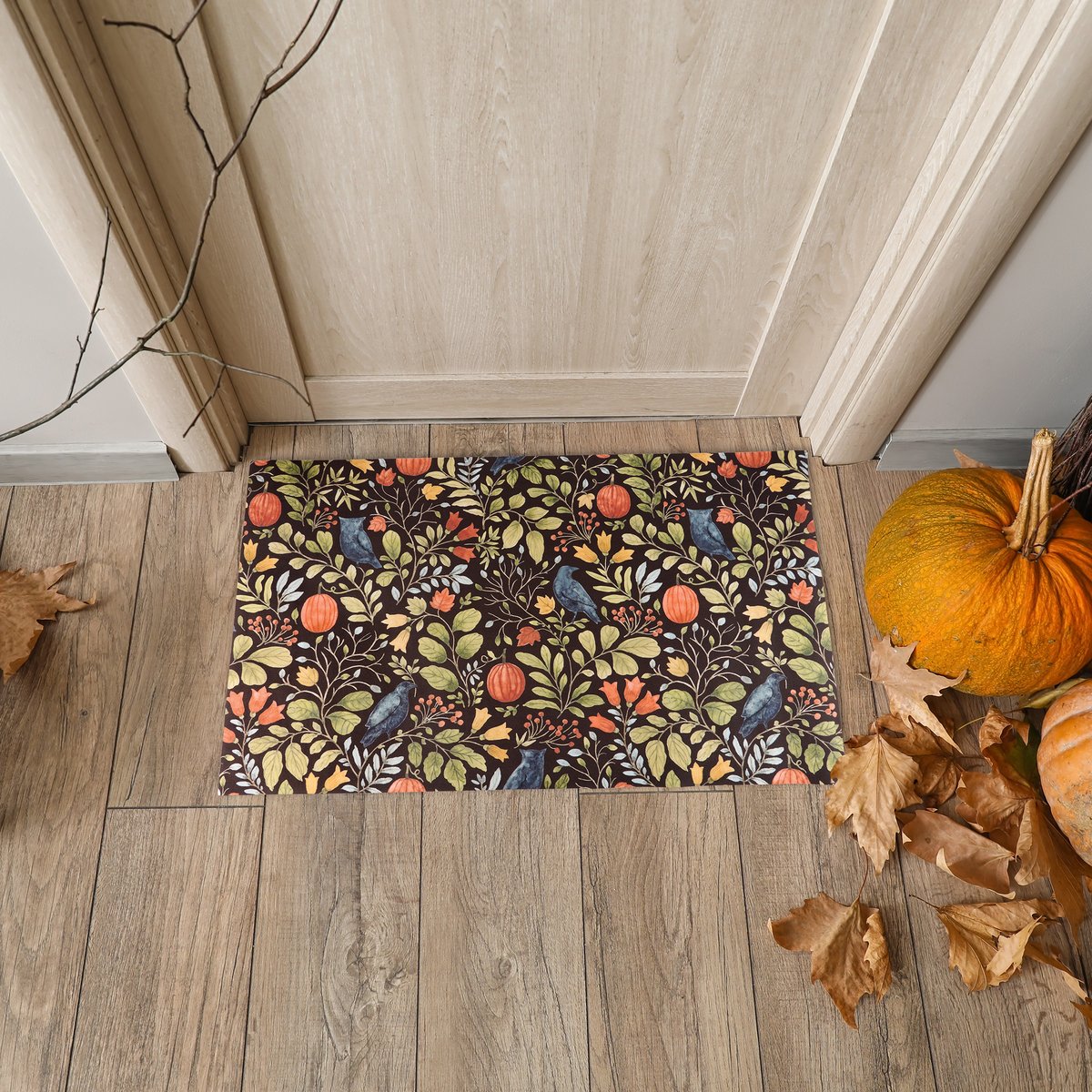 Charming Floral Halloween Rug: Ravens, Owls, Pumpkins, Autumn Decor Accent