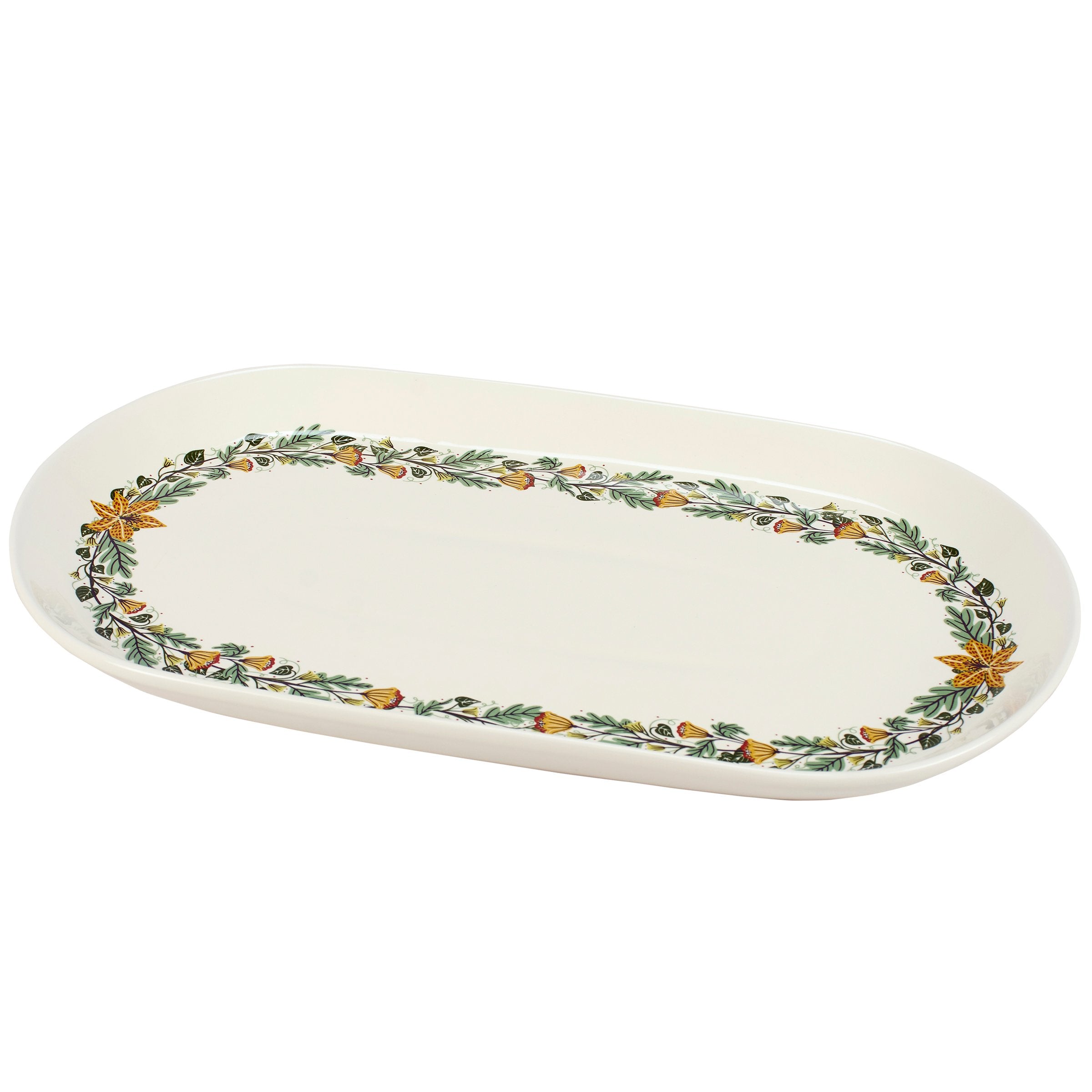 Elegant Art Nouveau Oval Stoneware Platter with Botanical Design for Dining