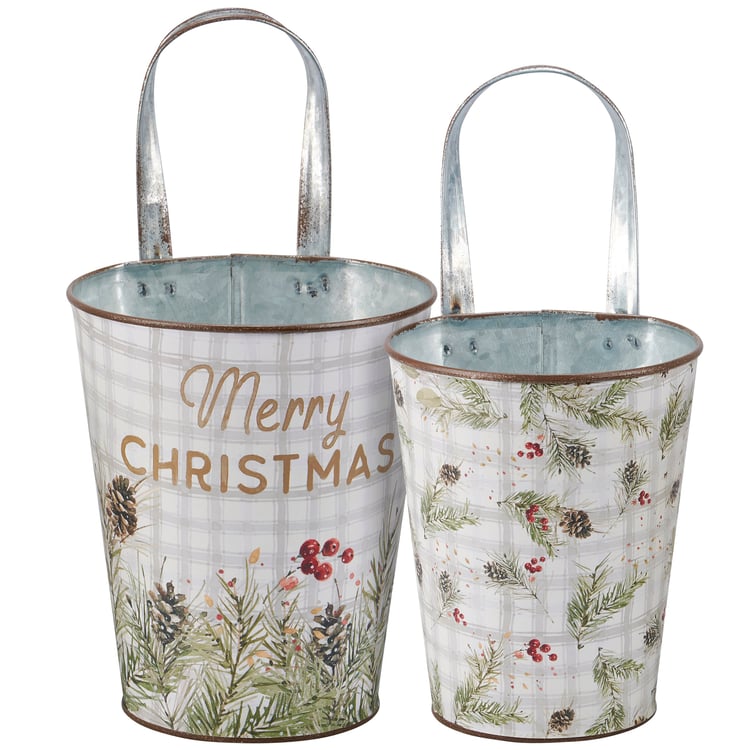 Rustic Metal Christmas Greenery Wall Buckets Set - Festive Home Decor