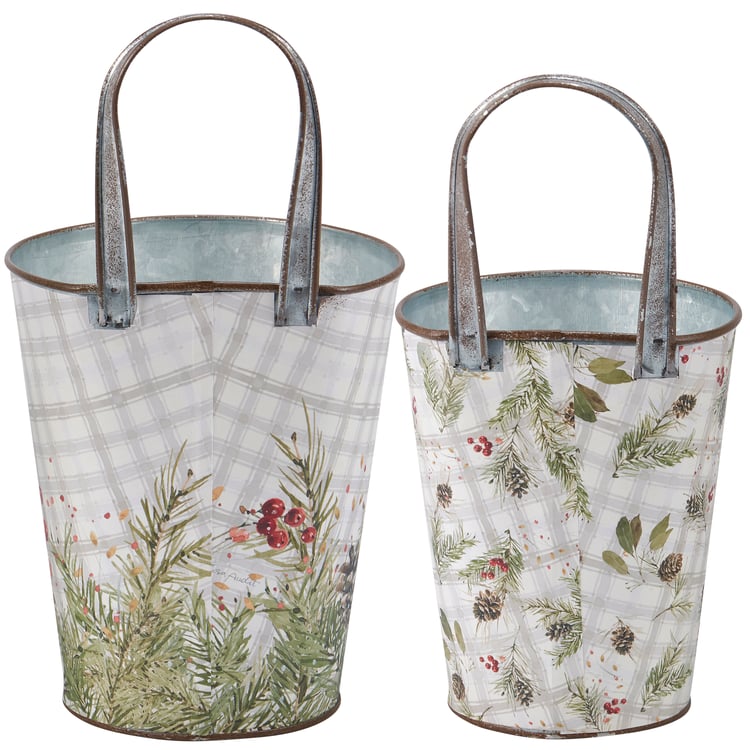 Rustic Metal Christmas Greenery Wall Buckets Set - Festive Home Decor