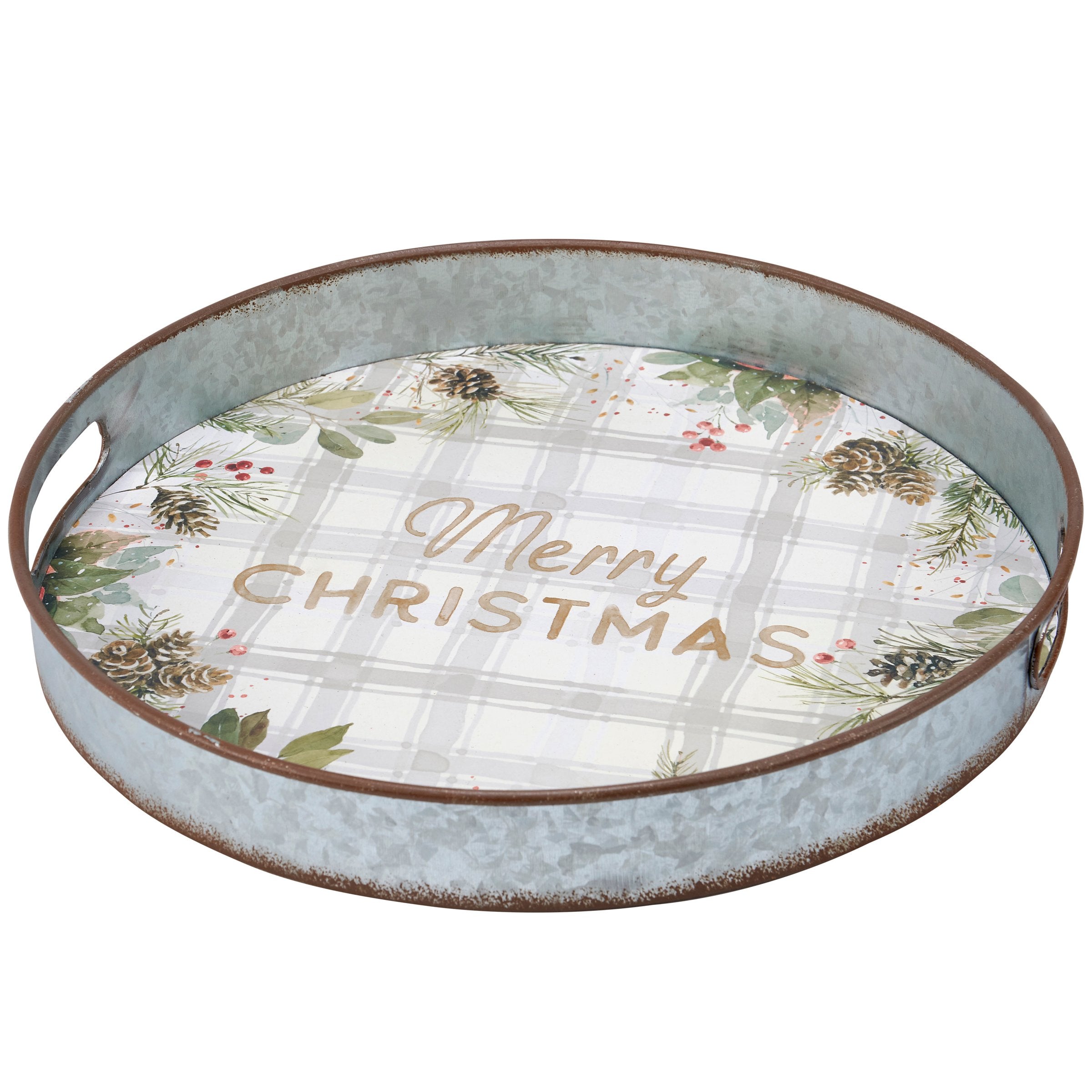 Festive Galvanized Metal Merry Christmas Decorative Serving Tray with Winter Greenery