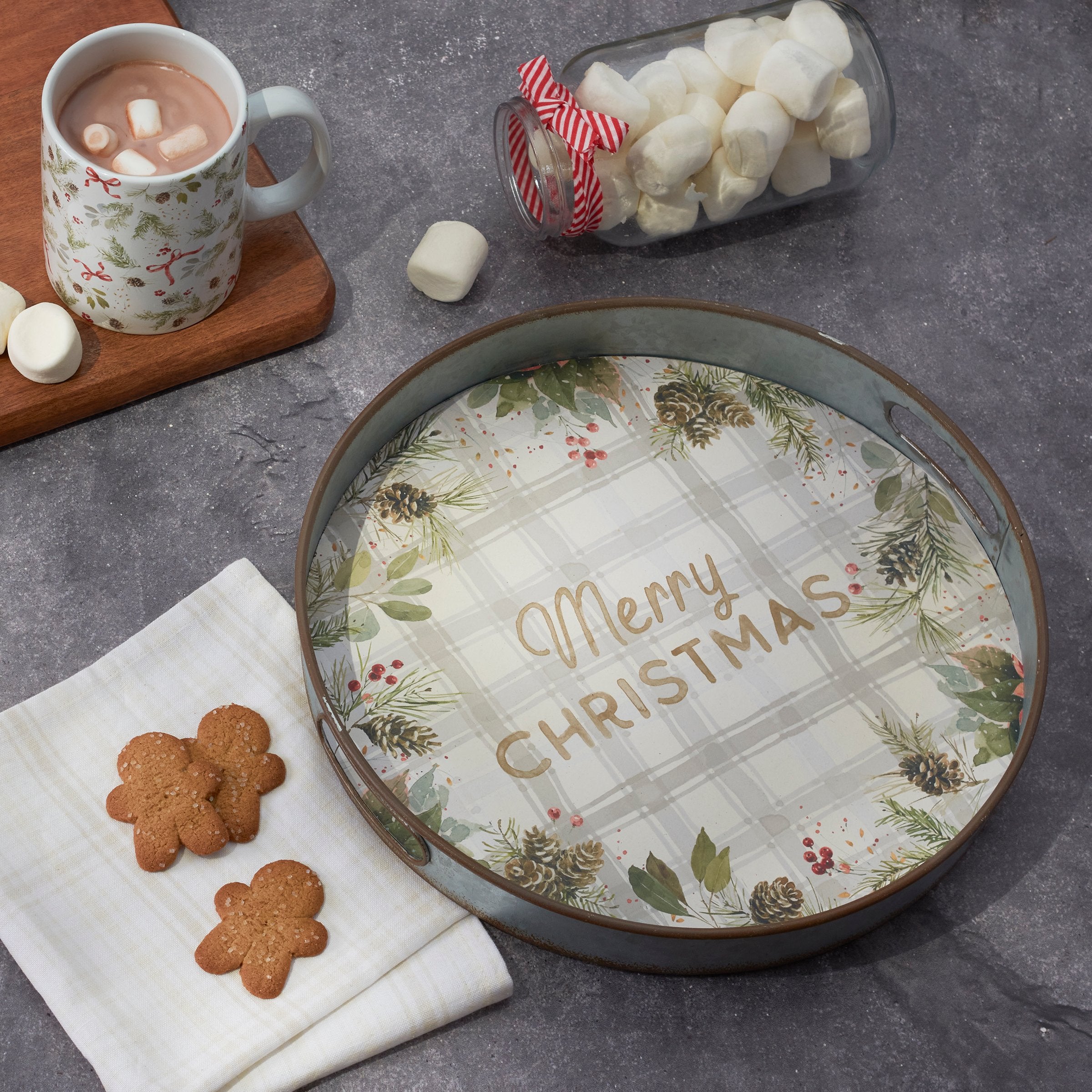 Festive Galvanized Metal Merry Christmas Decorative Serving Tray with Winter Greenery