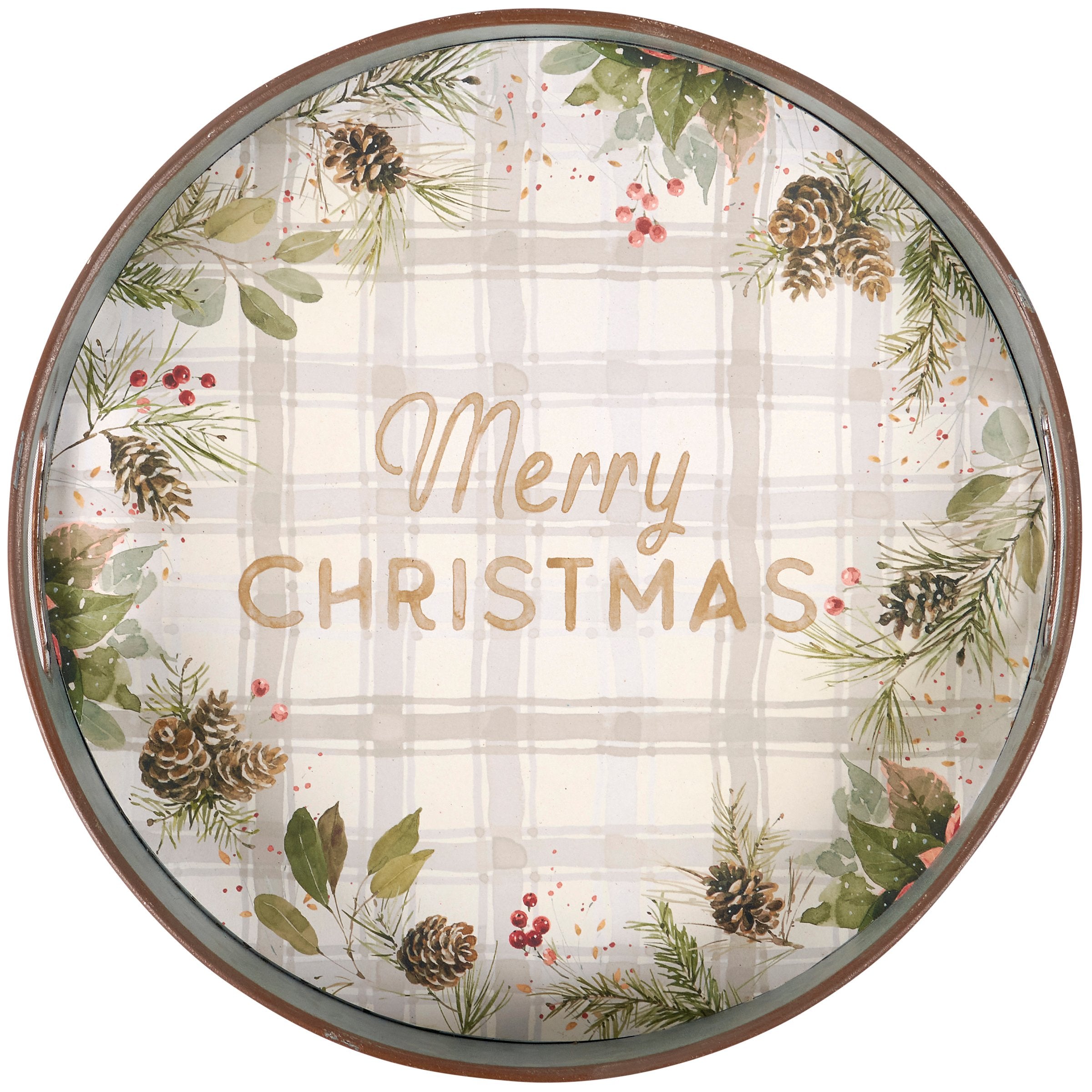 Festive Galvanized Metal Merry Christmas Decorative Serving Tray with Winter Greenery