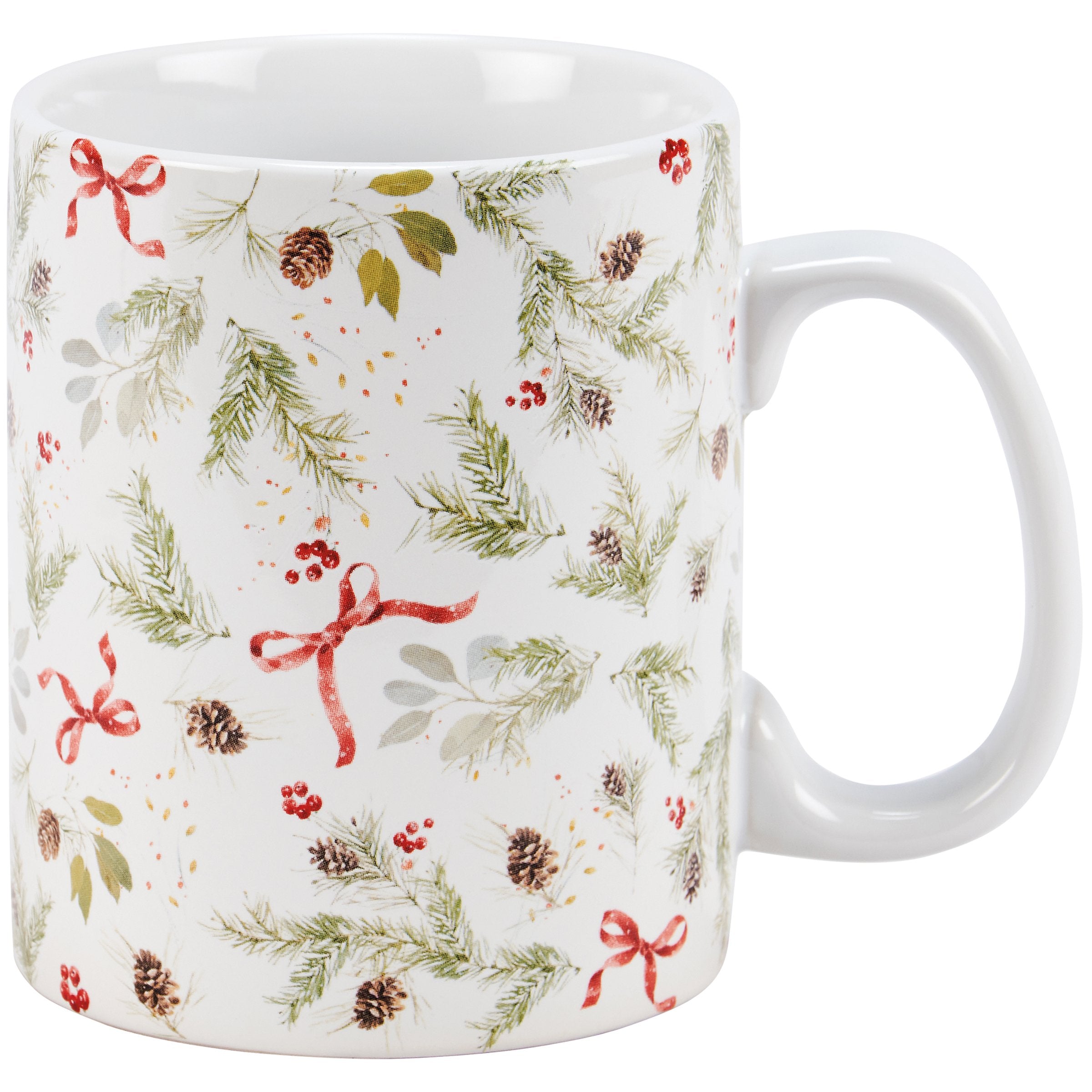 Festive Watercolor Christmas Greenery Stoneware Mug with Red Bows, 20 oz