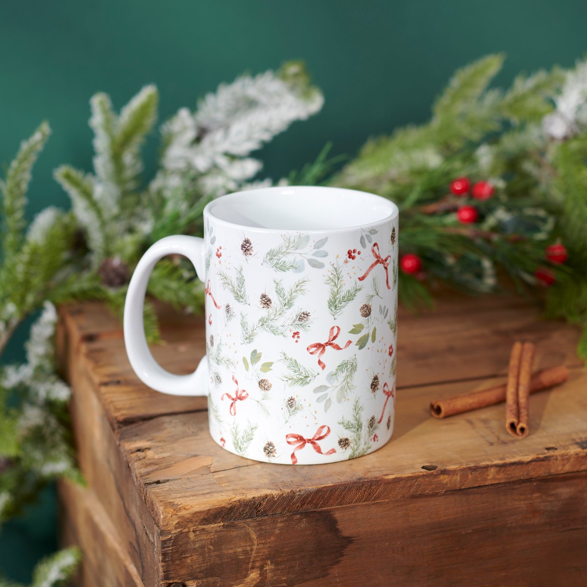 Festive Watercolor Christmas Greenery Stoneware Mug with Red Bows, 20 oz