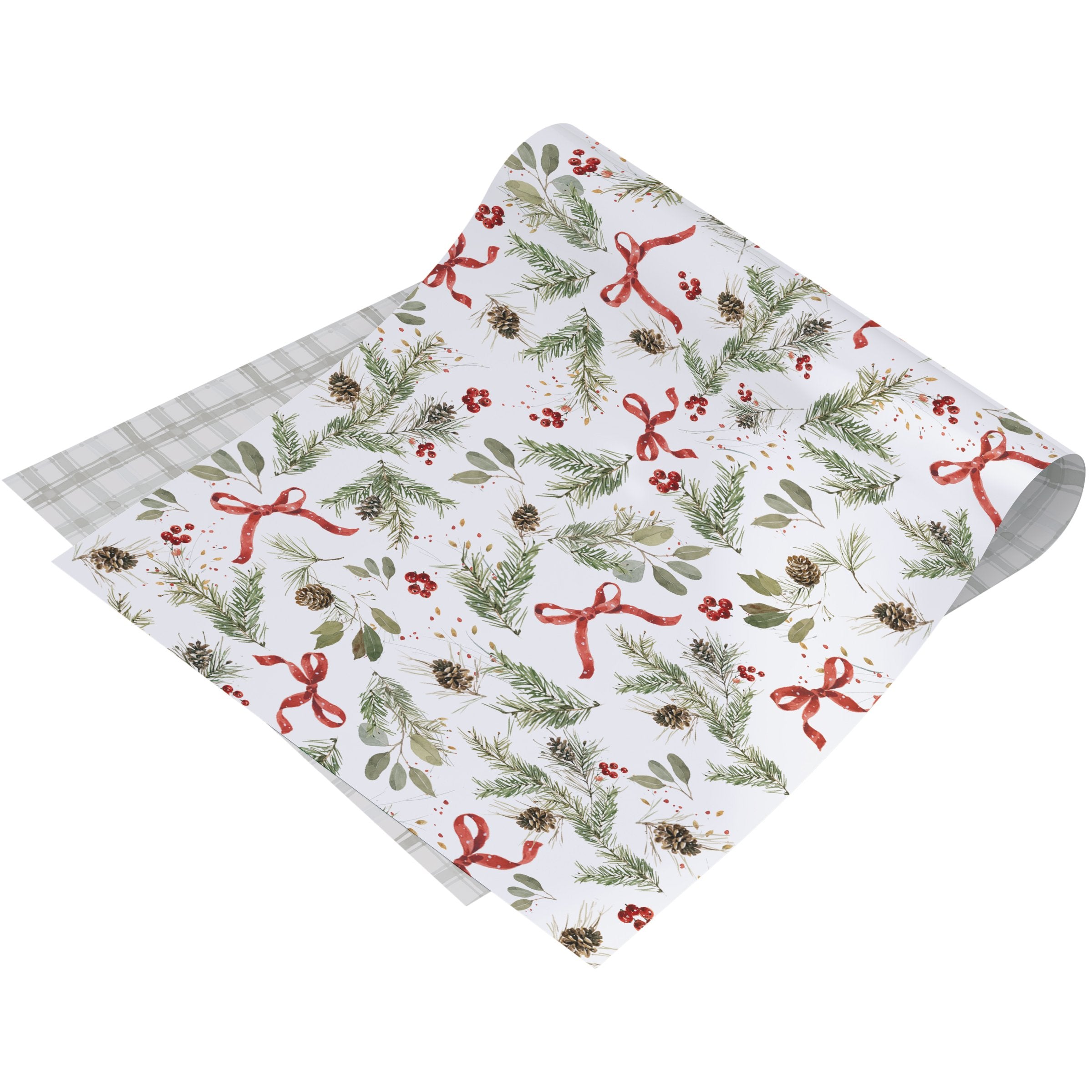 Festive Reversible Greenery & Gingham Christmas Gift Wrap Roll, 117 Inches