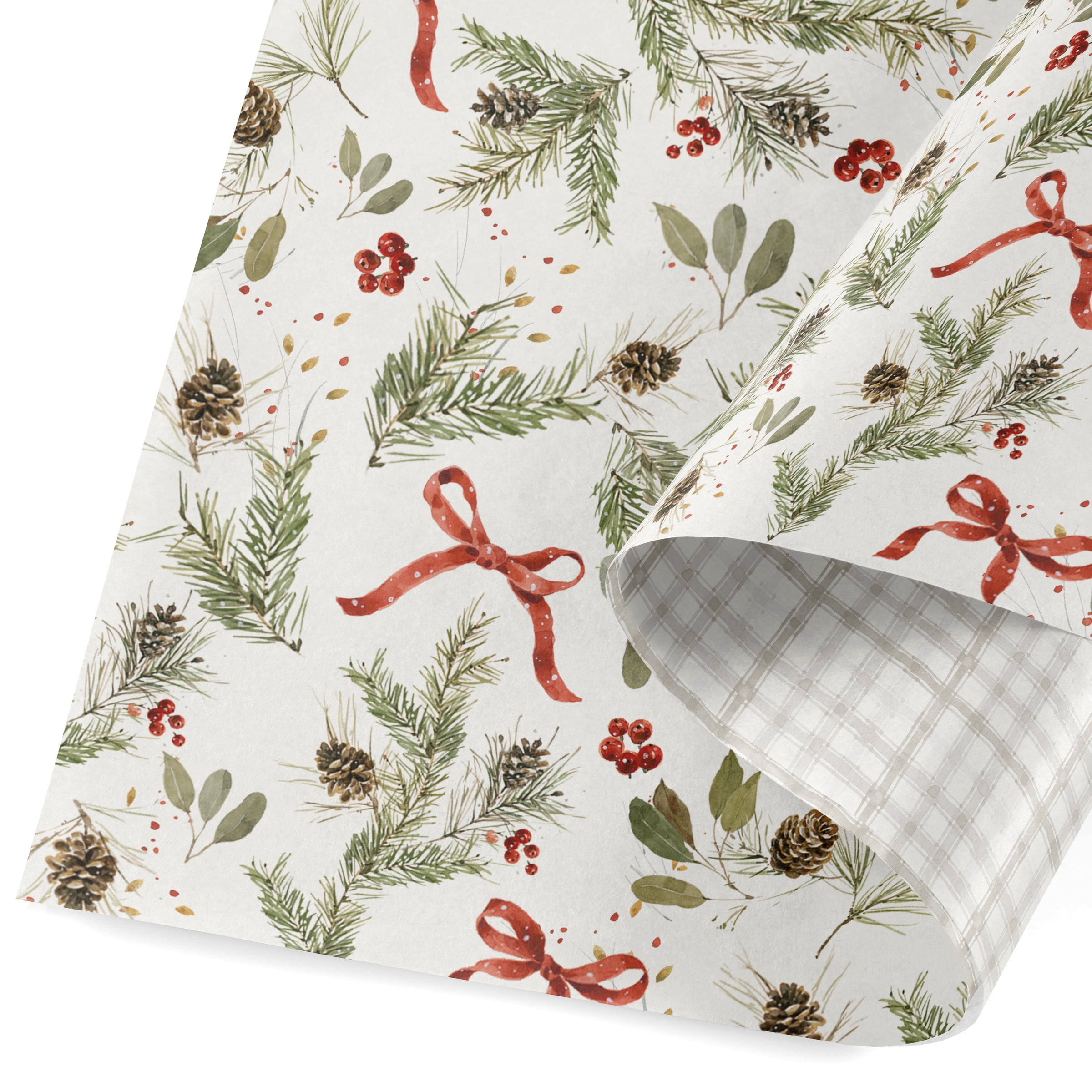 Festive Reversible Greenery & Gingham Christmas Gift Wrap Roll, 117 Inches