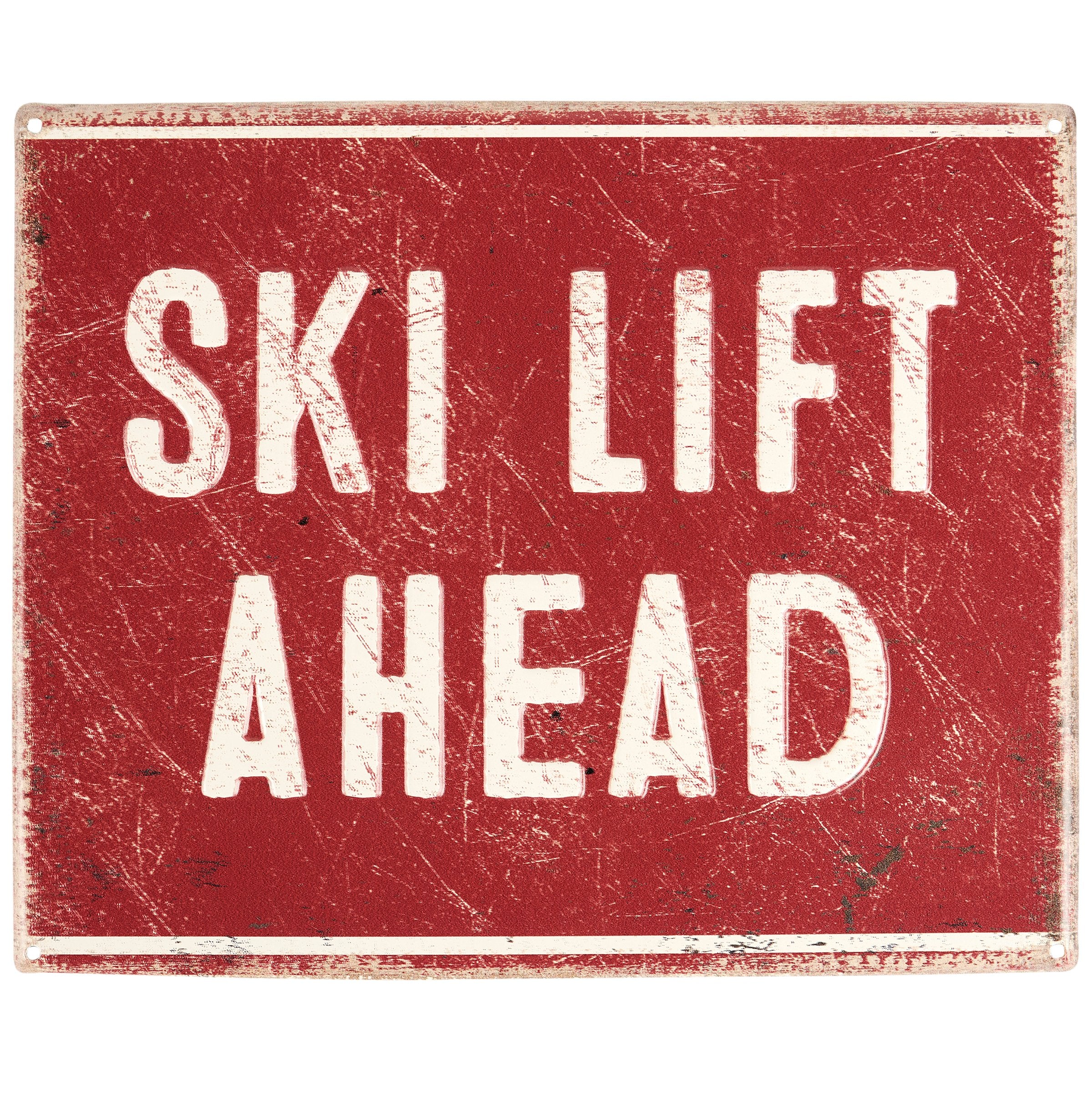 Rustic Metal Ski Lift Ahead Sign - Distressed Mountain Lodge Wall Art Decor