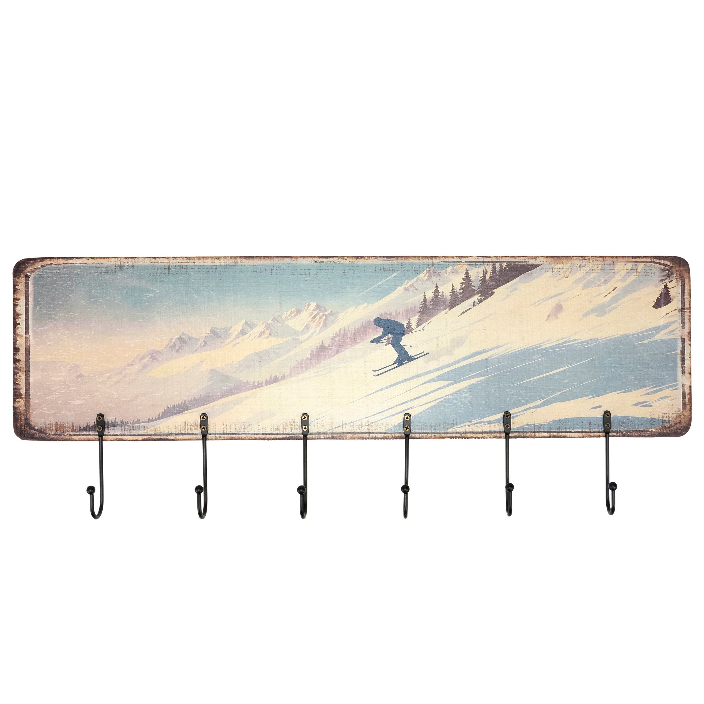 Vintage Ski Lodge Mountain Landscape Wood Hook Board with 6 Metal Hooks