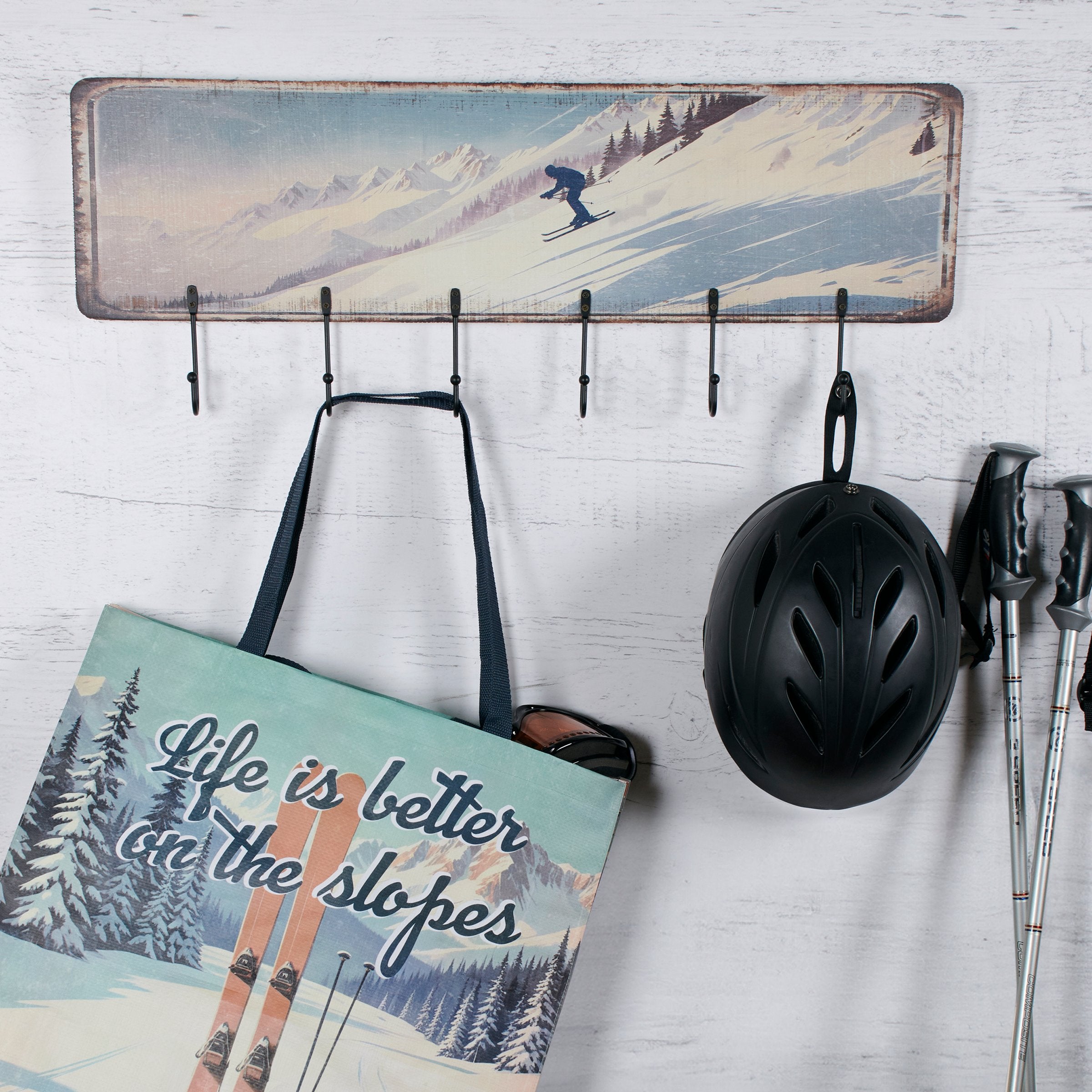 Vintage Ski Lodge Mountain Landscape Wood Hook Board with 6 Metal Hooks