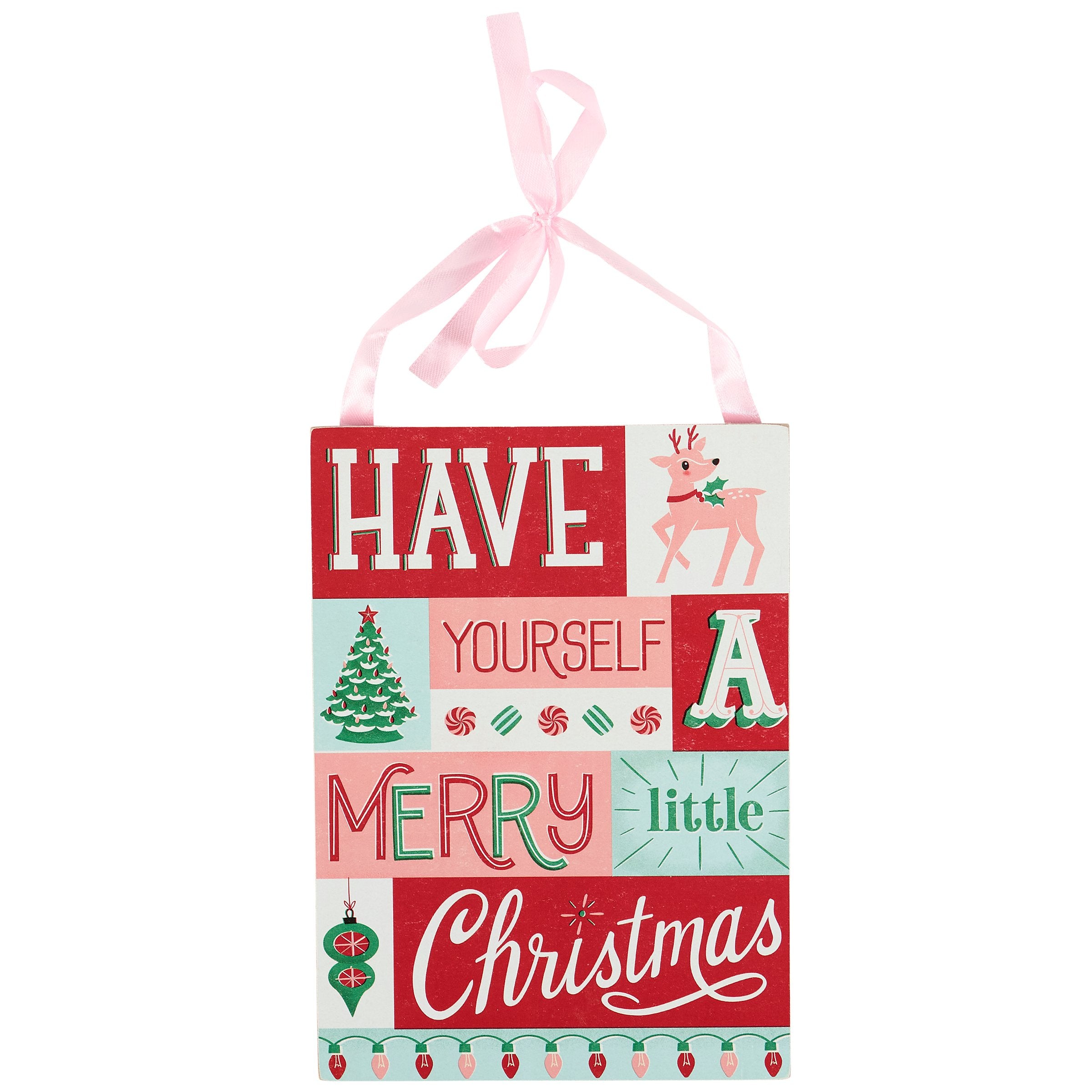 Charming Pastel "Merry Christmas" Hanging Sign with Pink Ribbon Hanger