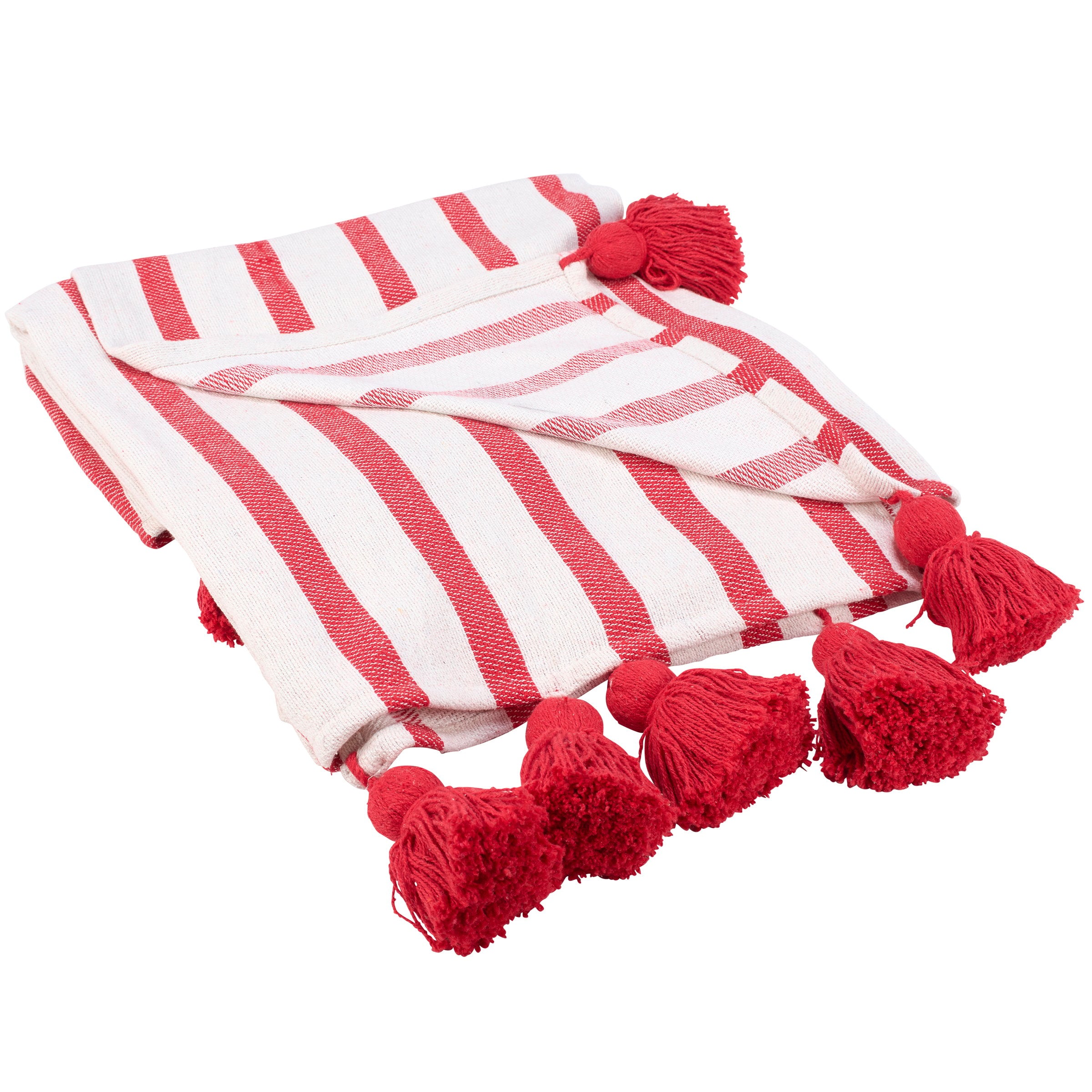 Cozy Christmas Red Stripe Cotton Throw Blanket with Tassels, Machine Washable