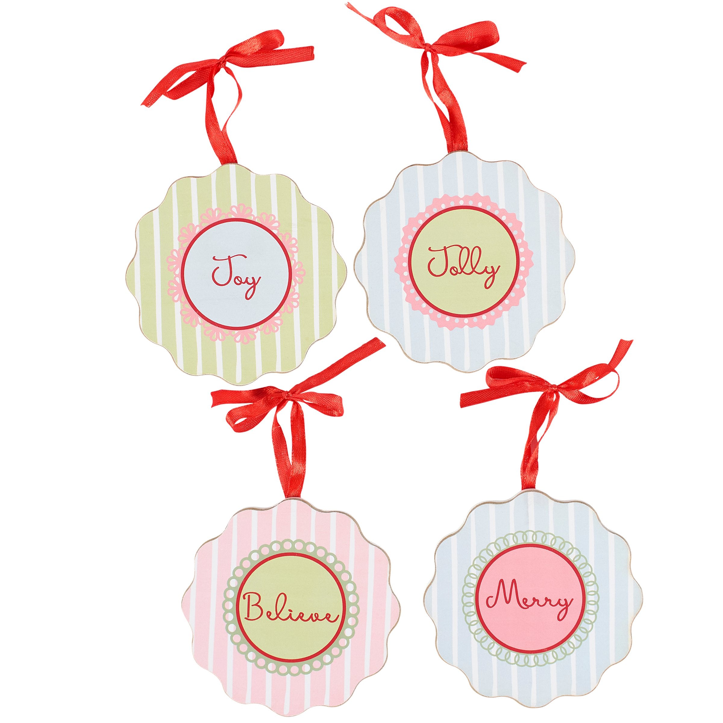 Retro Pastel Christmas Jolly Ornament Set - 4 Wooden Holiday Decorations