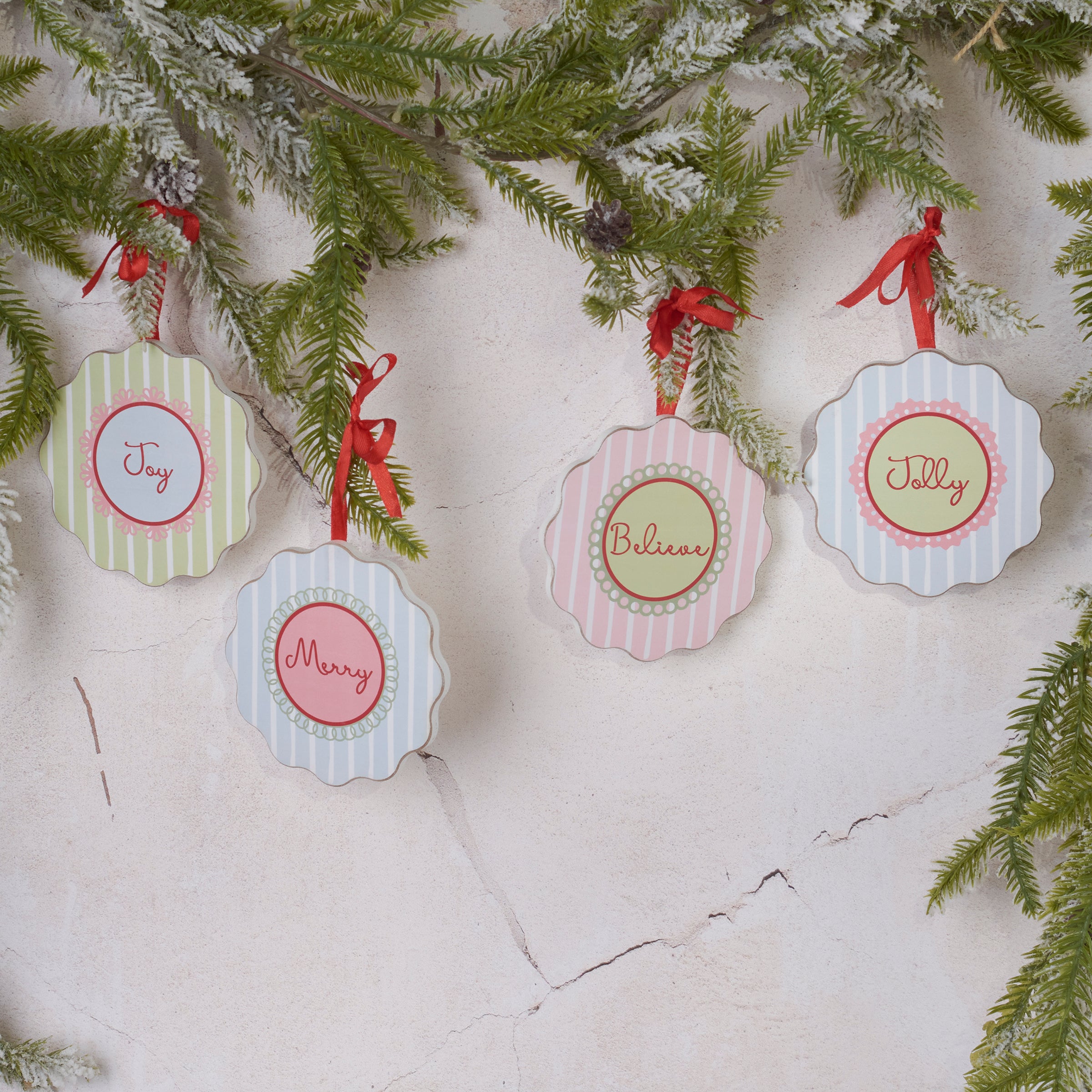 Retro Pastel Christmas Jolly Ornament Set - 4 Wooden Holiday Decorations