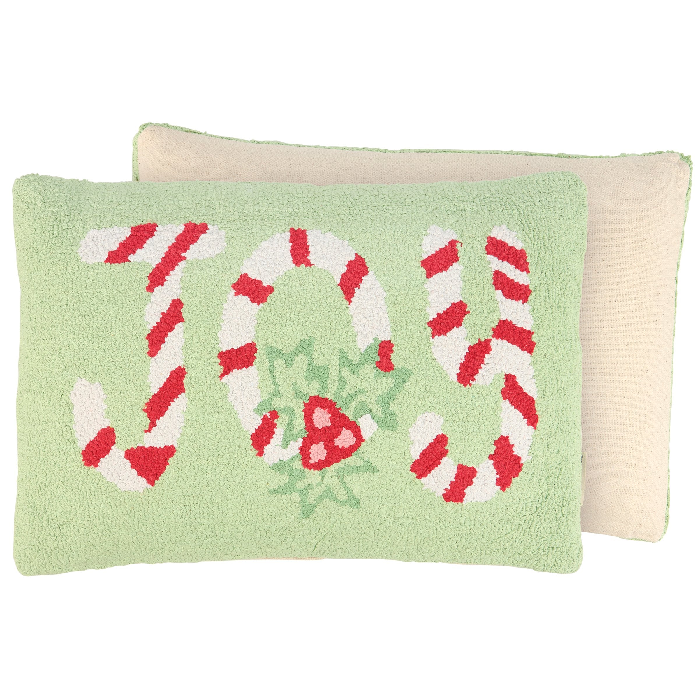 Charming Holly Joy Christmas Pillow with Candy Cane Style 'Joy' Embroidery