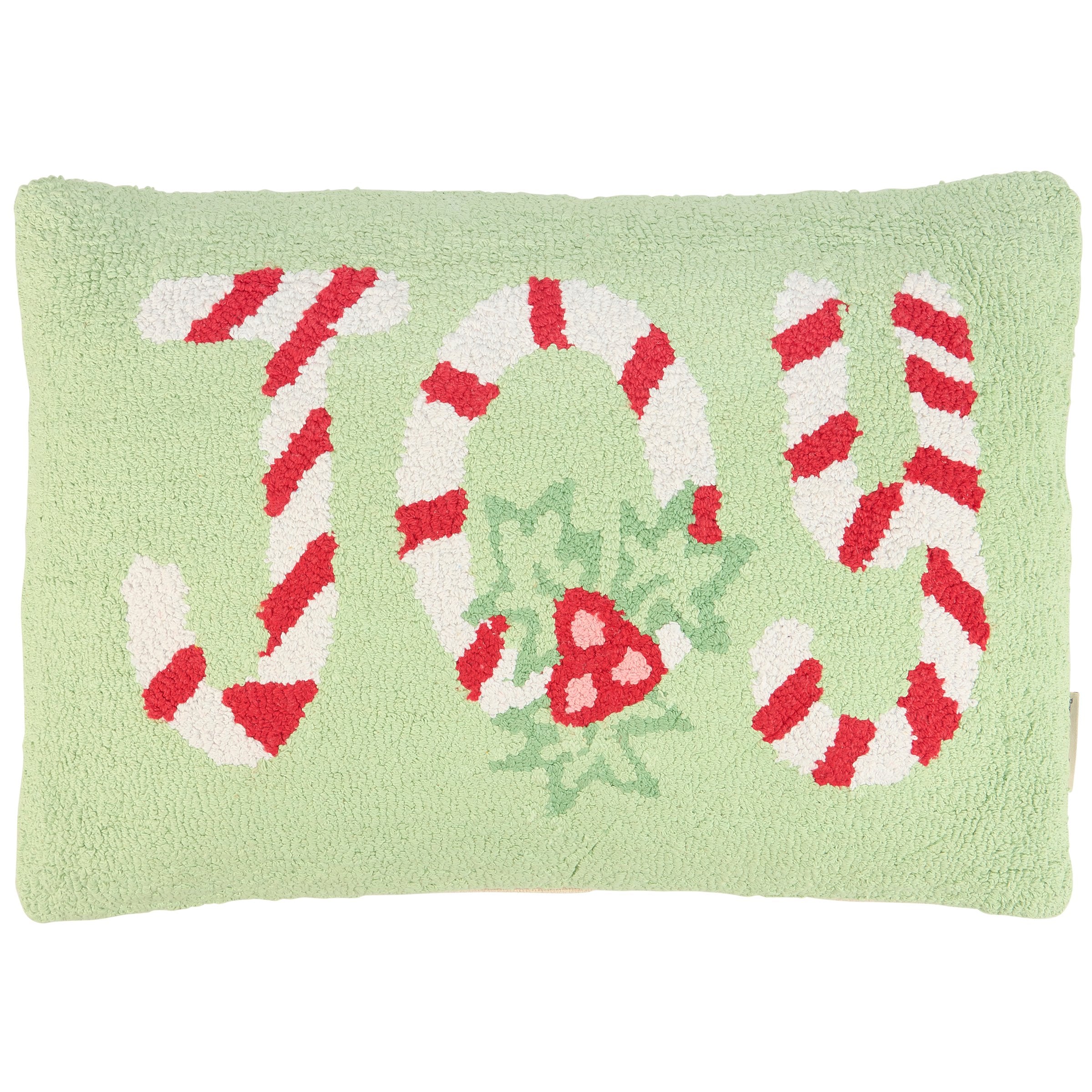 Charming Holly Joy Christmas Pillow with Candy Cane Style 'Joy' Embroidery