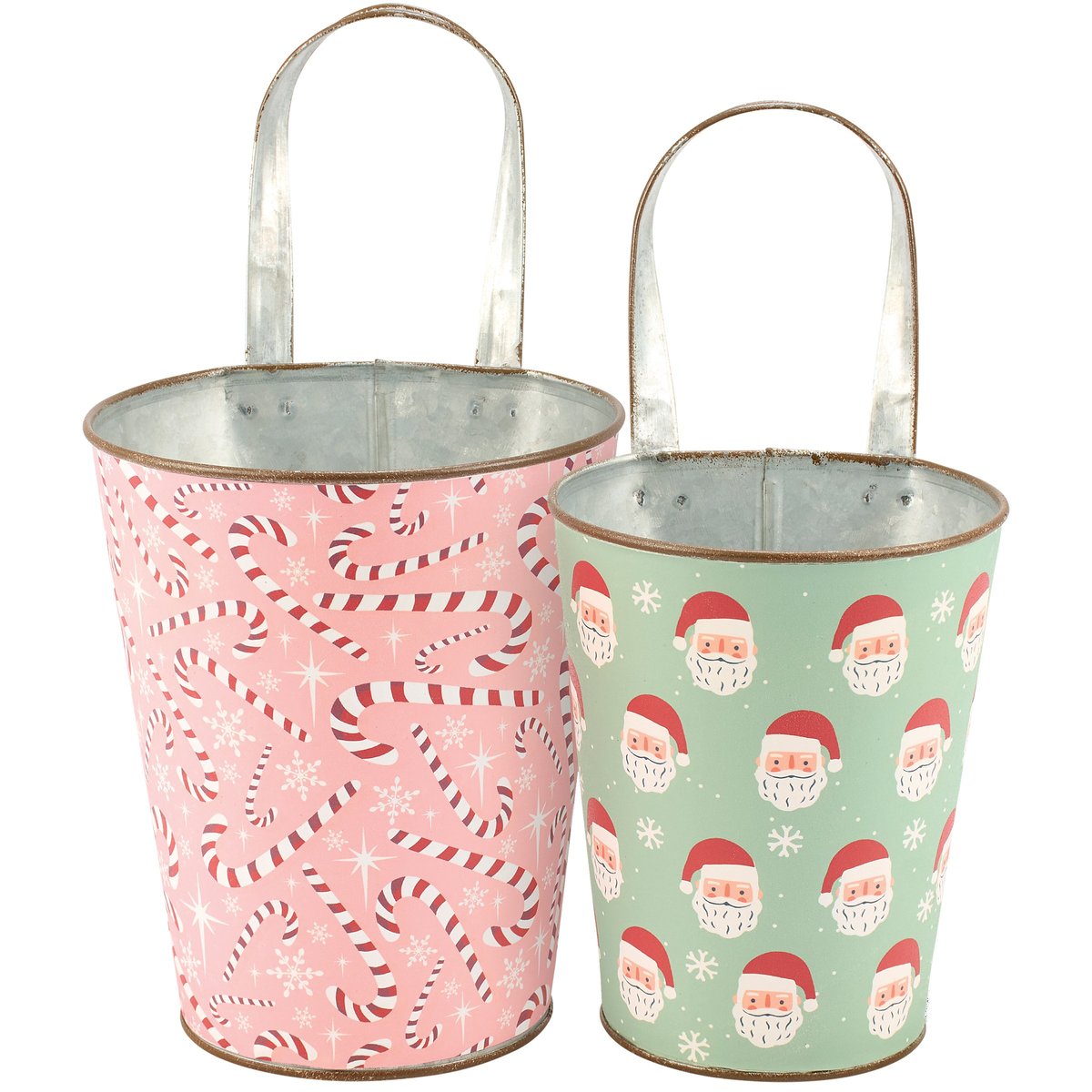 Charming Retro Holiday Candy Cane Santa Metal Wall Bucket Set Decor