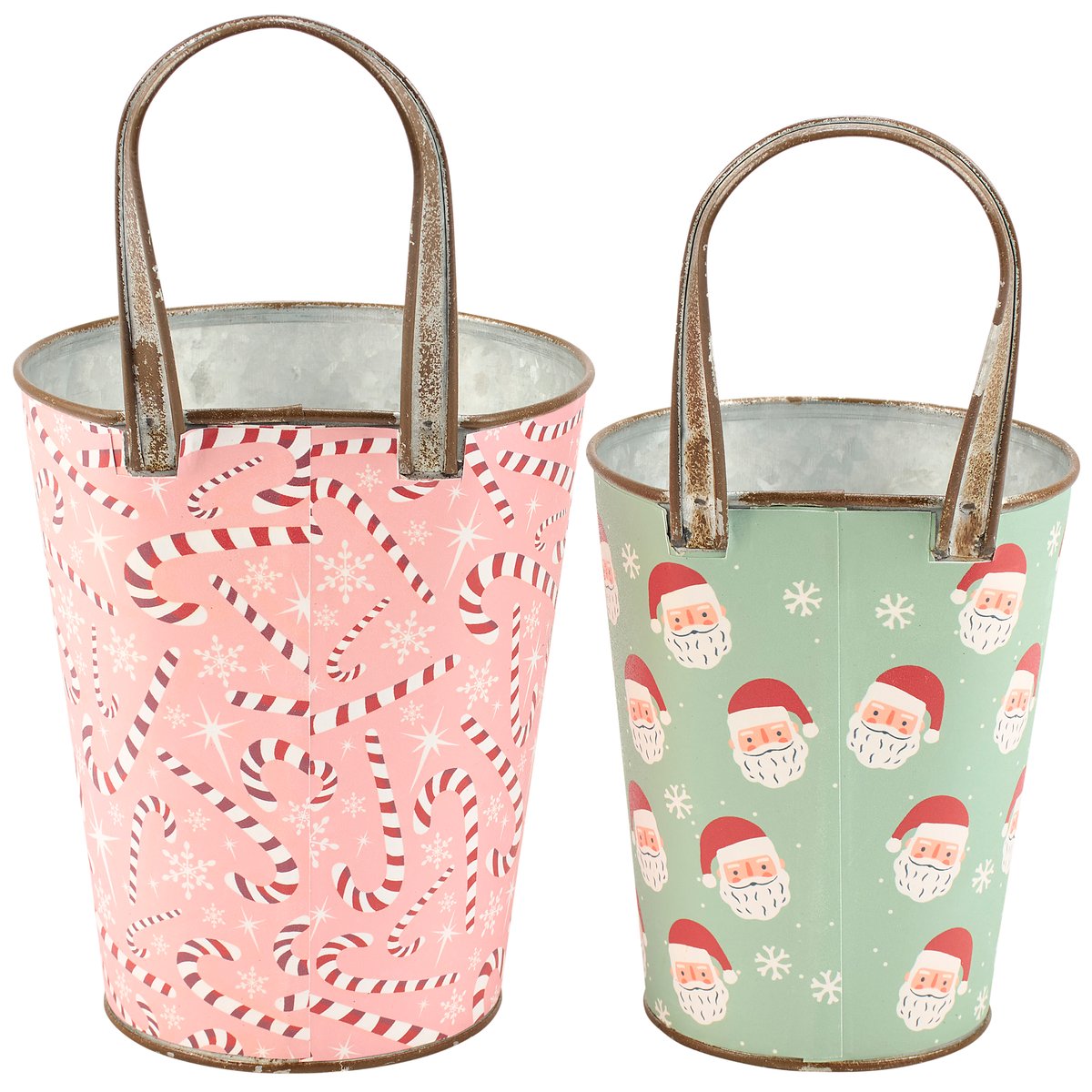 Charming Retro Holiday Candy Cane Santa Metal Wall Bucket Set Decor