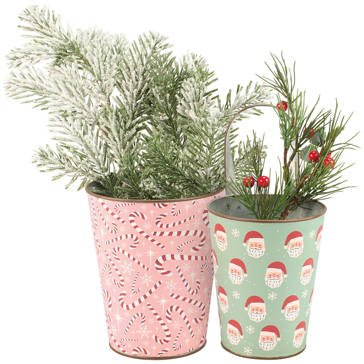 Charming Retro Holiday Candy Cane Santa Metal Wall Bucket Set Decor