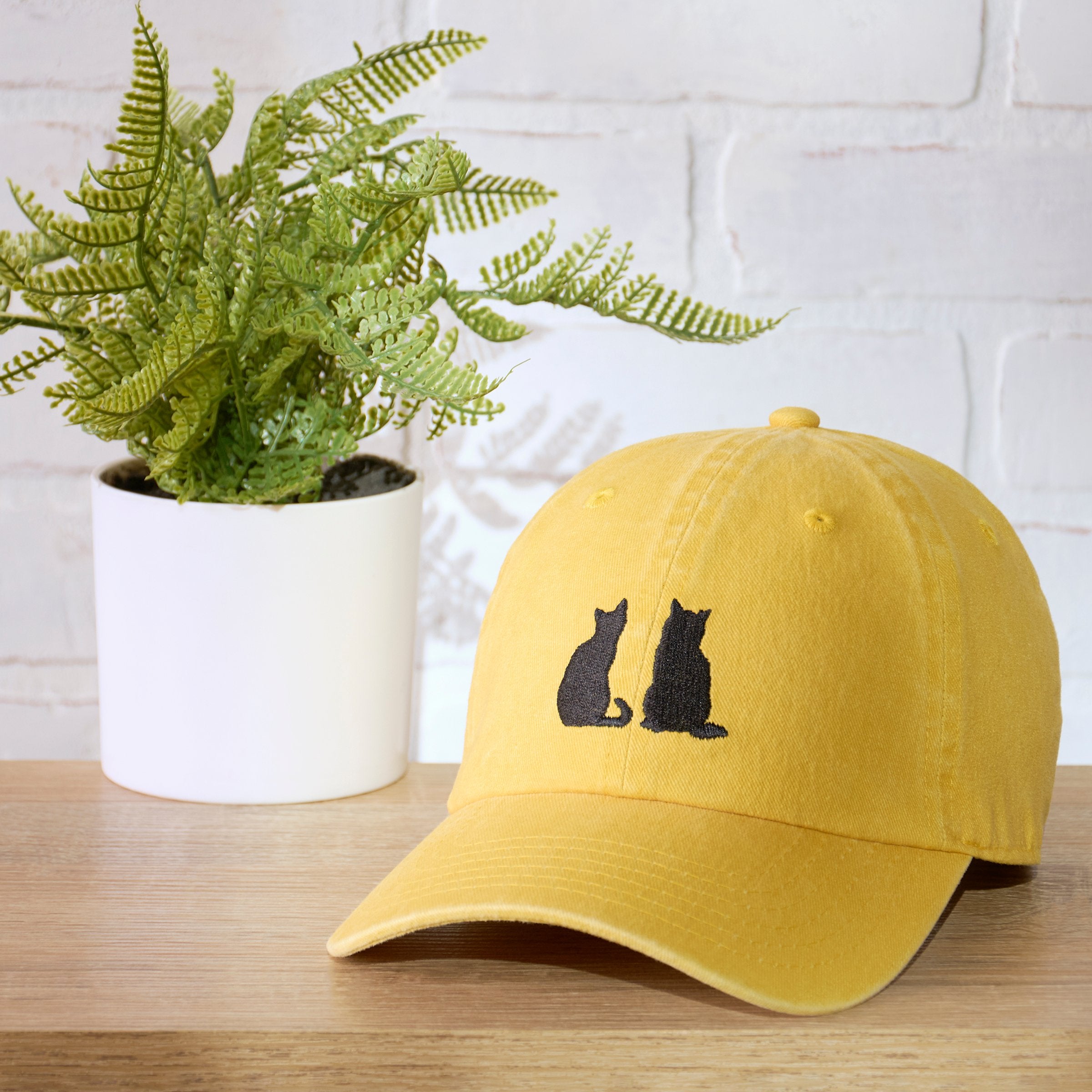 Golden Yellow Cat Lover Baseball Cap - Embroidered Feline Silhouettes - Adjustable Fit