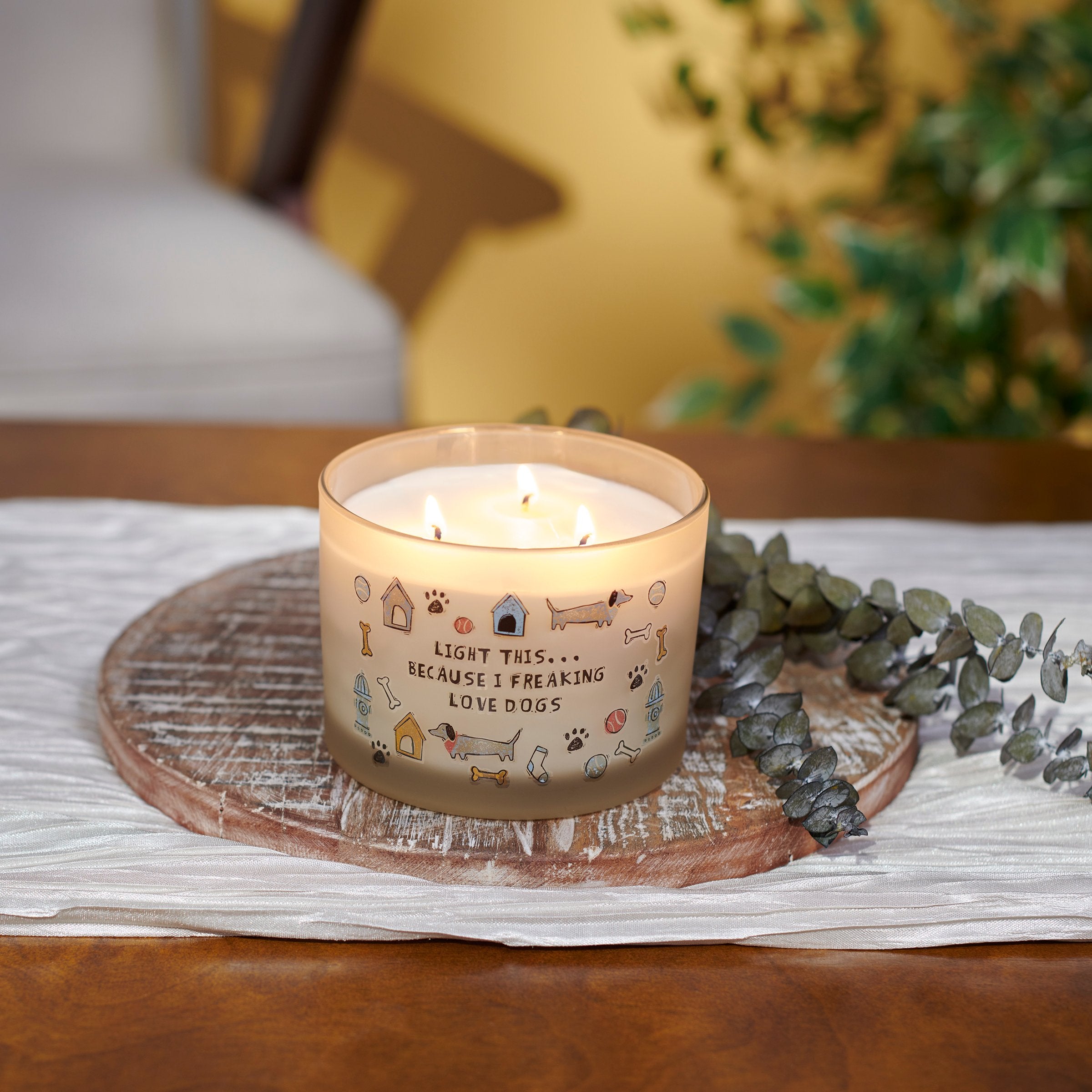 Frosted Glass Love Dogs Candle with Eucalyptus Scent and 3 Wicks