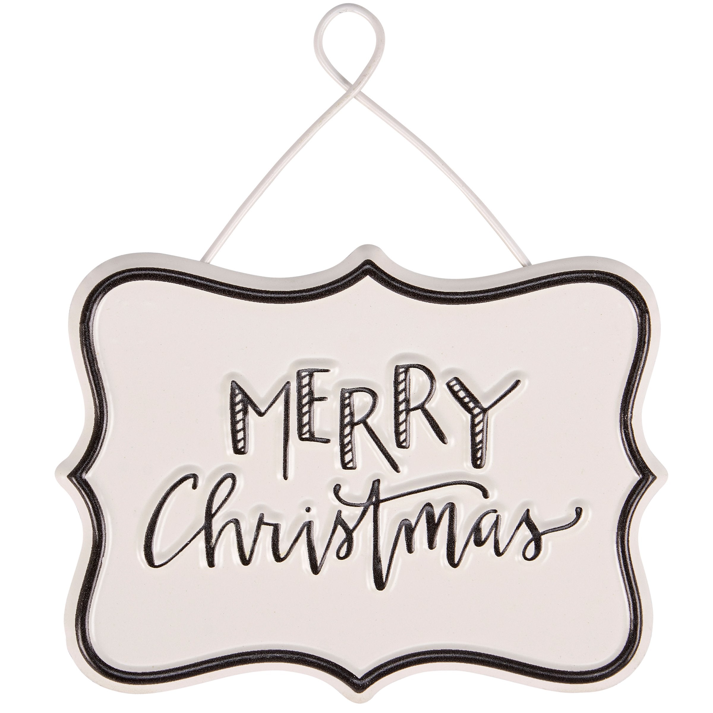 Rustic Metal Embossed Merry Christmas Ornament with Wire Hanger for Holiday Tree Decor