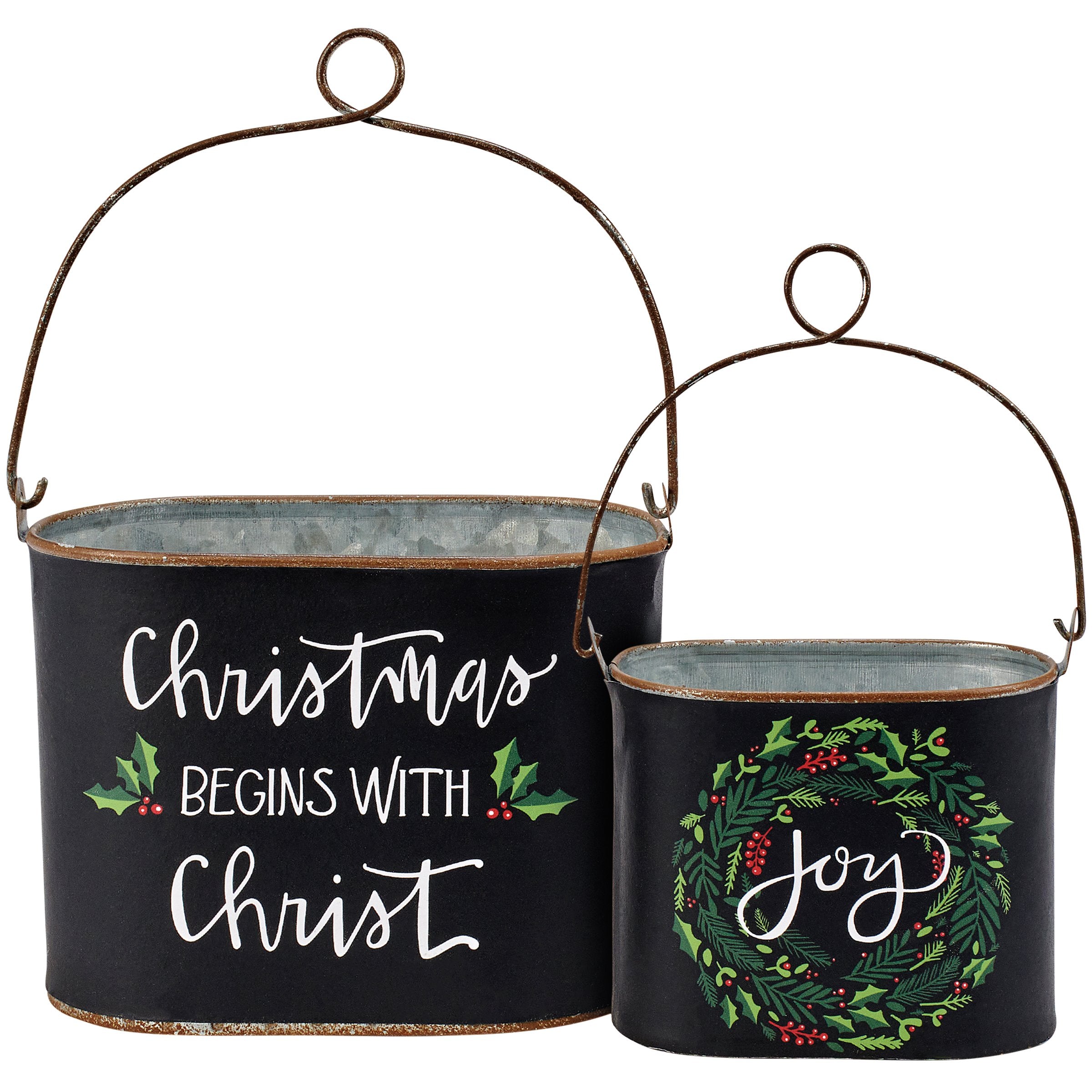 Galvanized Metal Christmas Buckets Set - Christ & Joy Holiday Decor
