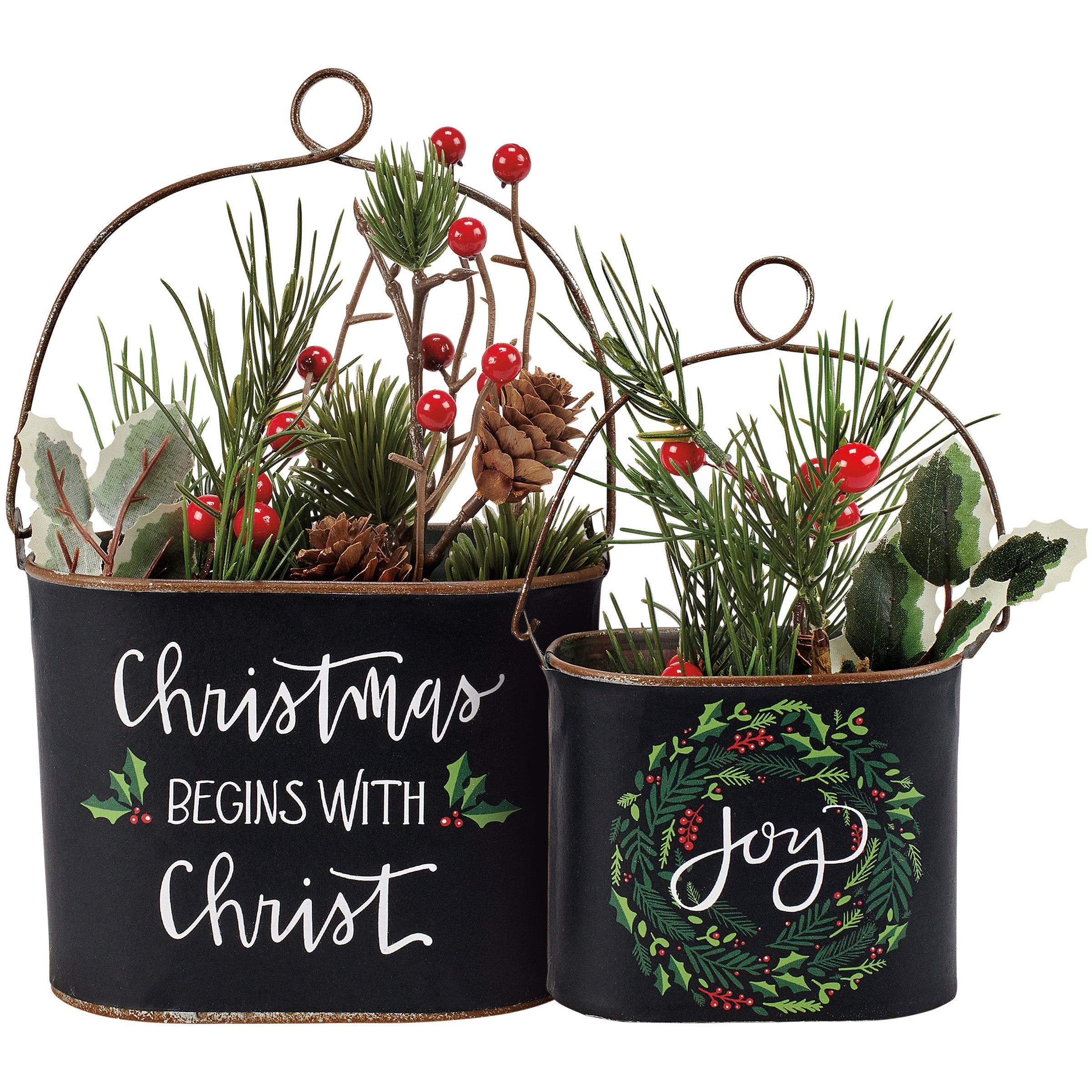 Galvanized Metal Christmas Buckets Set - Christ & Joy Holiday Decor