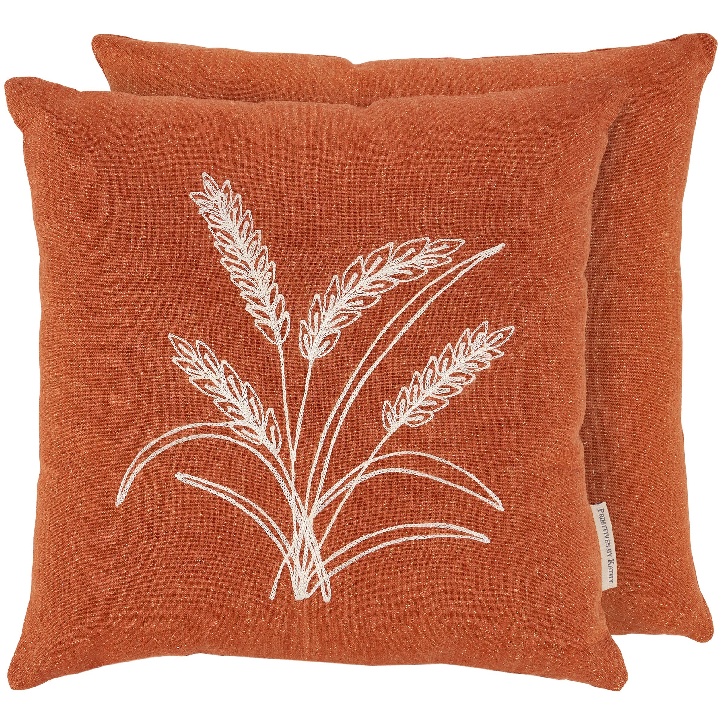 Cozy Fall Harvest Orange Cotton Pillow with Chain Stitched Wheat Stalks Design