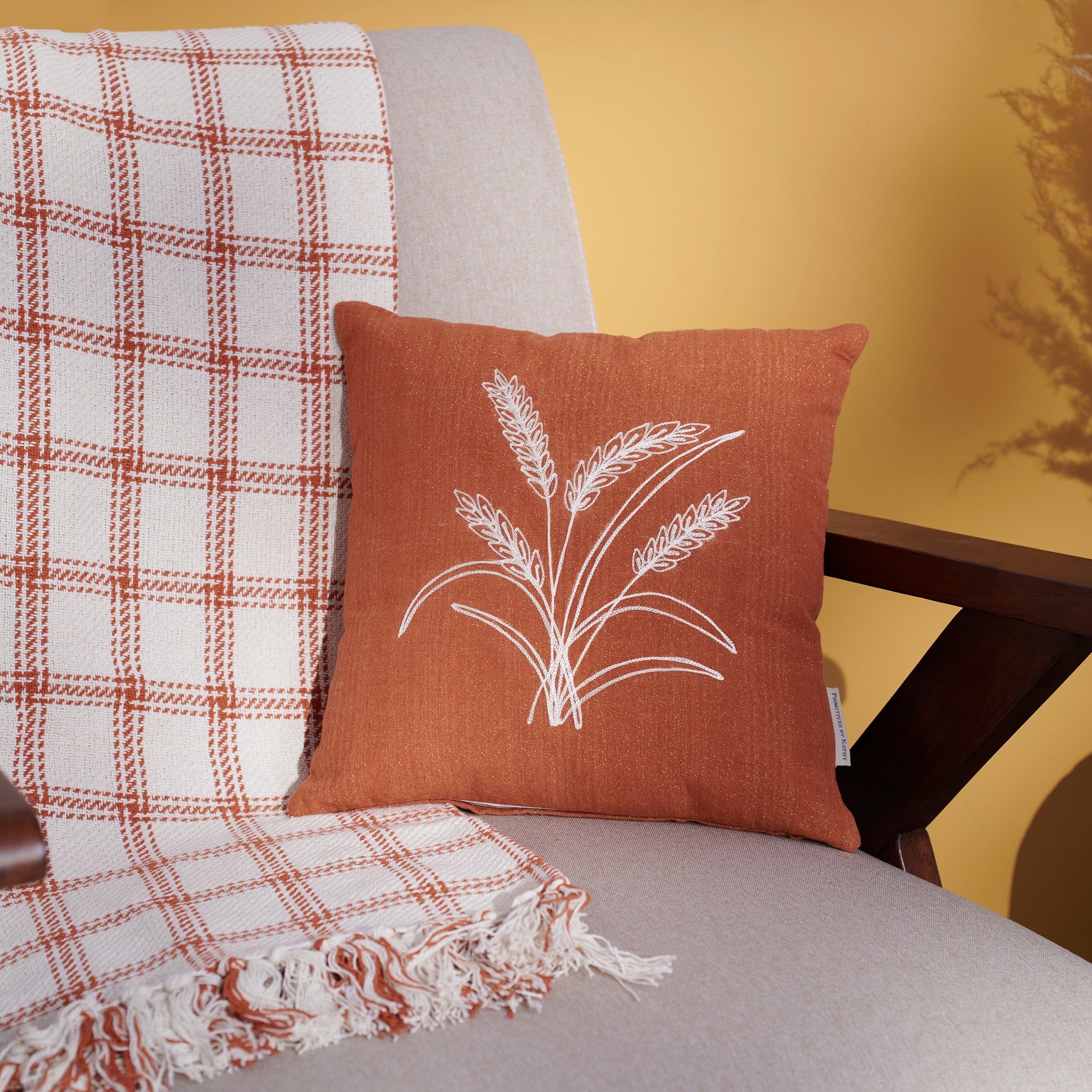 Cozy Fall Harvest Orange Cotton Pillow with Chain Stitched Wheat Stalks Design