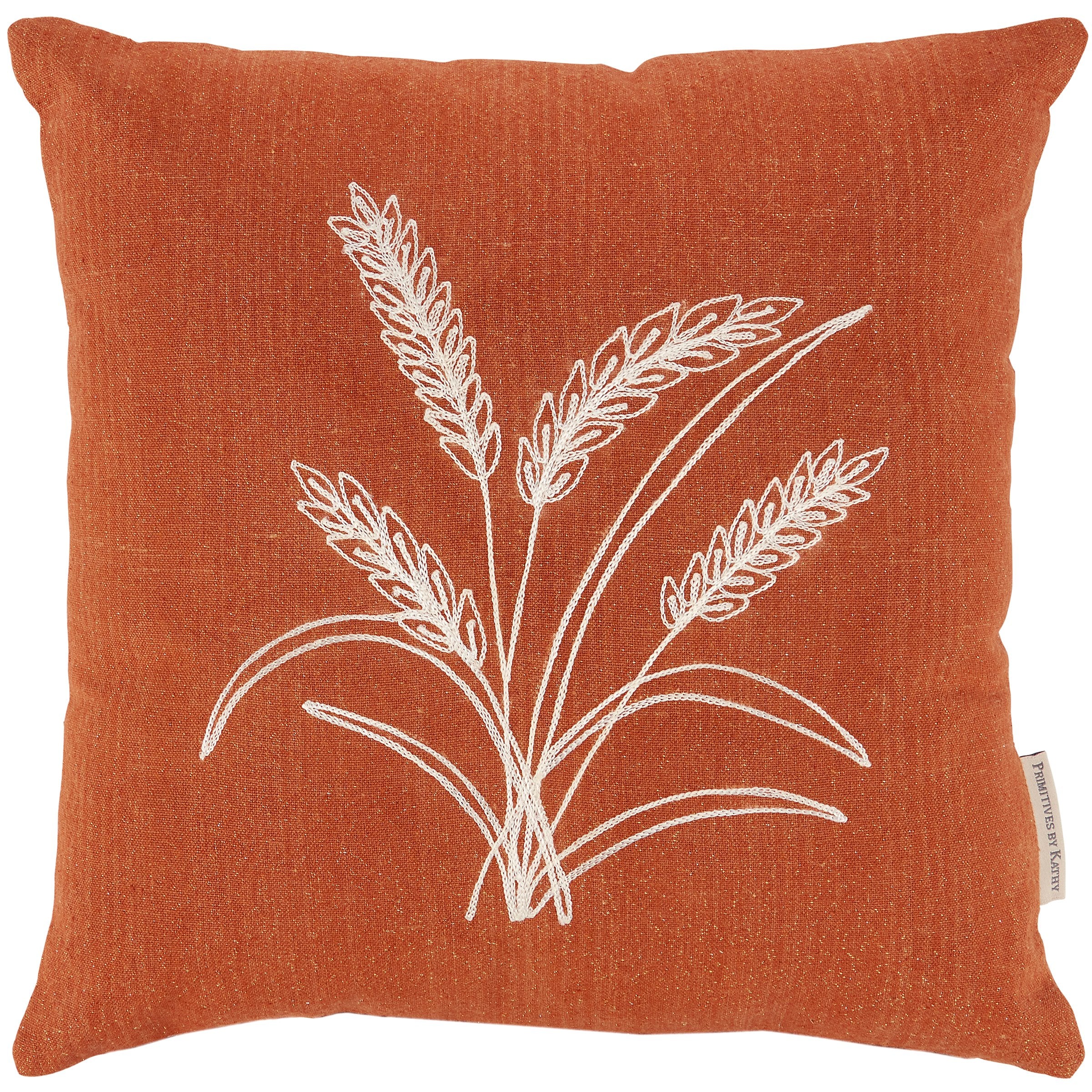 Cozy Fall Harvest Orange Cotton Pillow with Chain Stitched Wheat Stalks Design