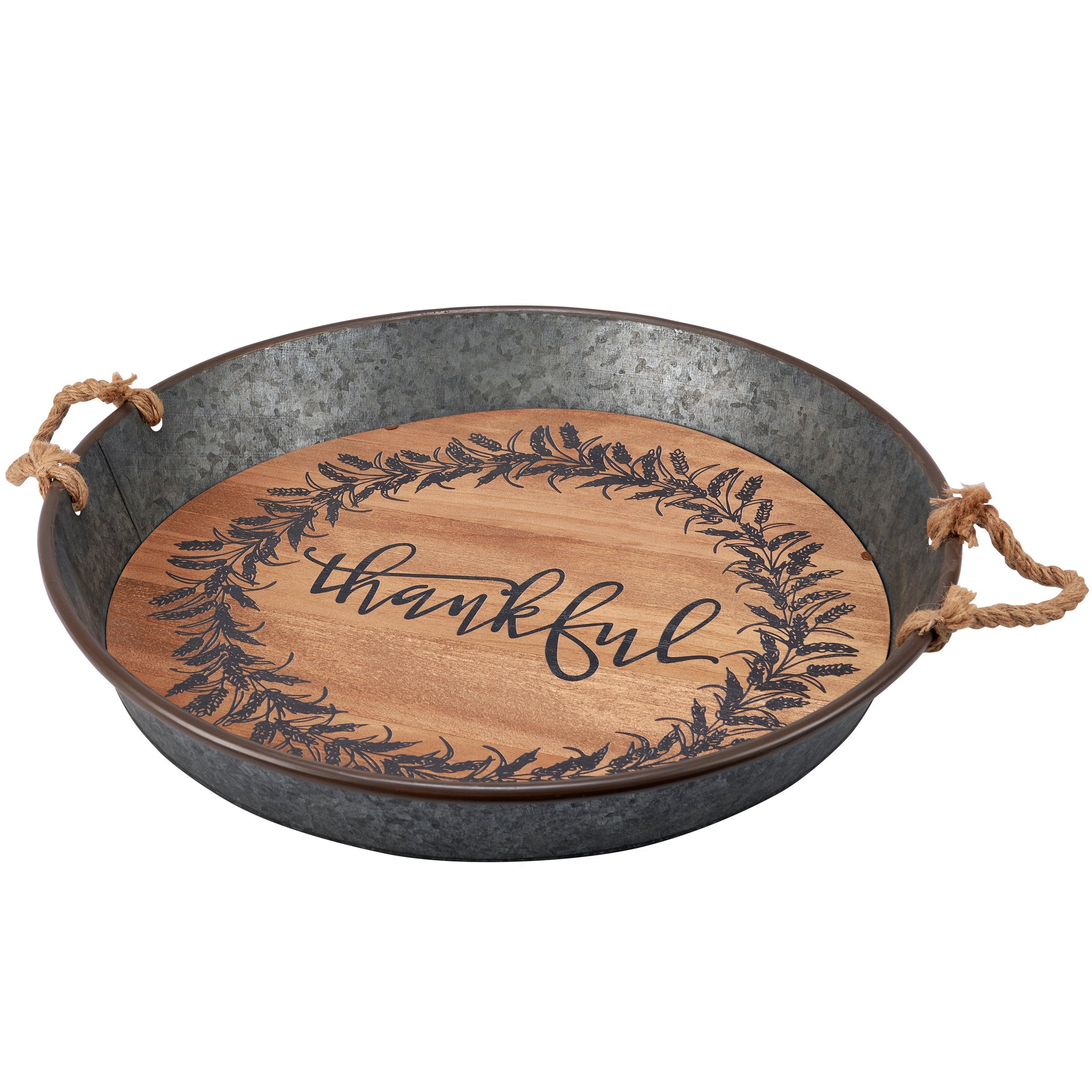 Rustic Galvanized Metal Thankful Tray with Wood Base and Rope Handles