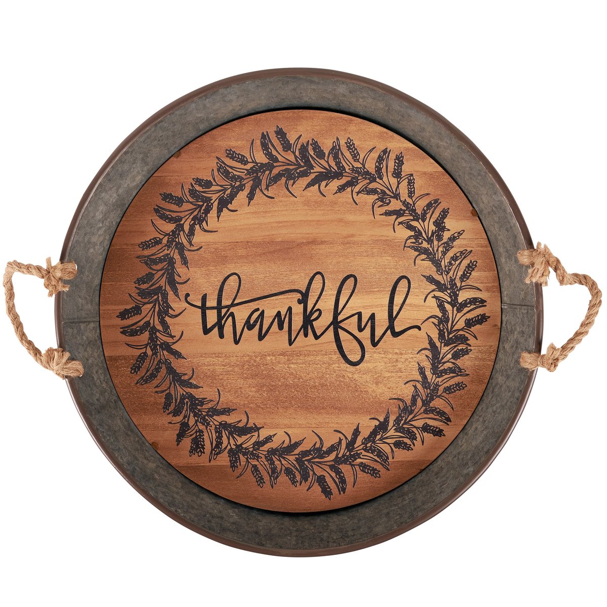 Rustic Galvanized Metal Thankful Tray with Wood Base and Rope Handles
