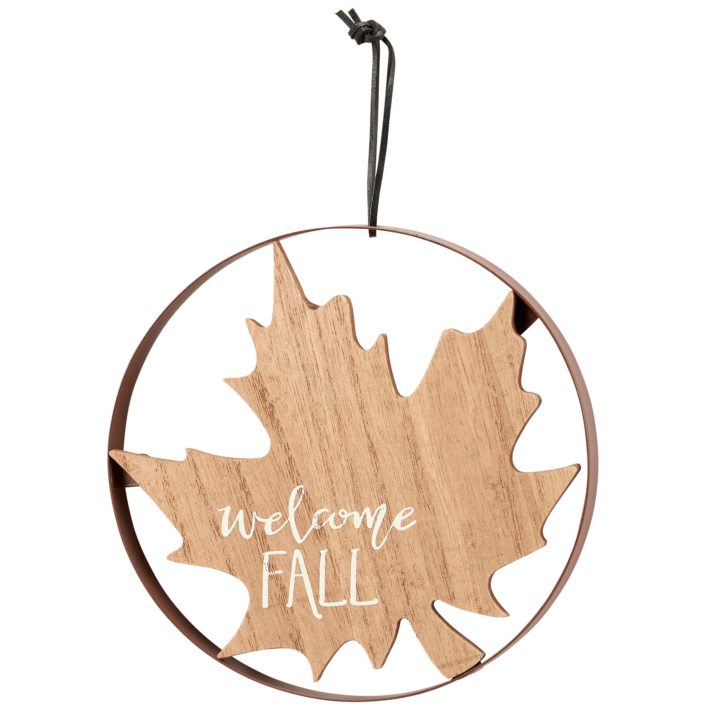 Rustic Wooden Leaf 'Welcome Fall' Ornament with Metal Ring Hanger