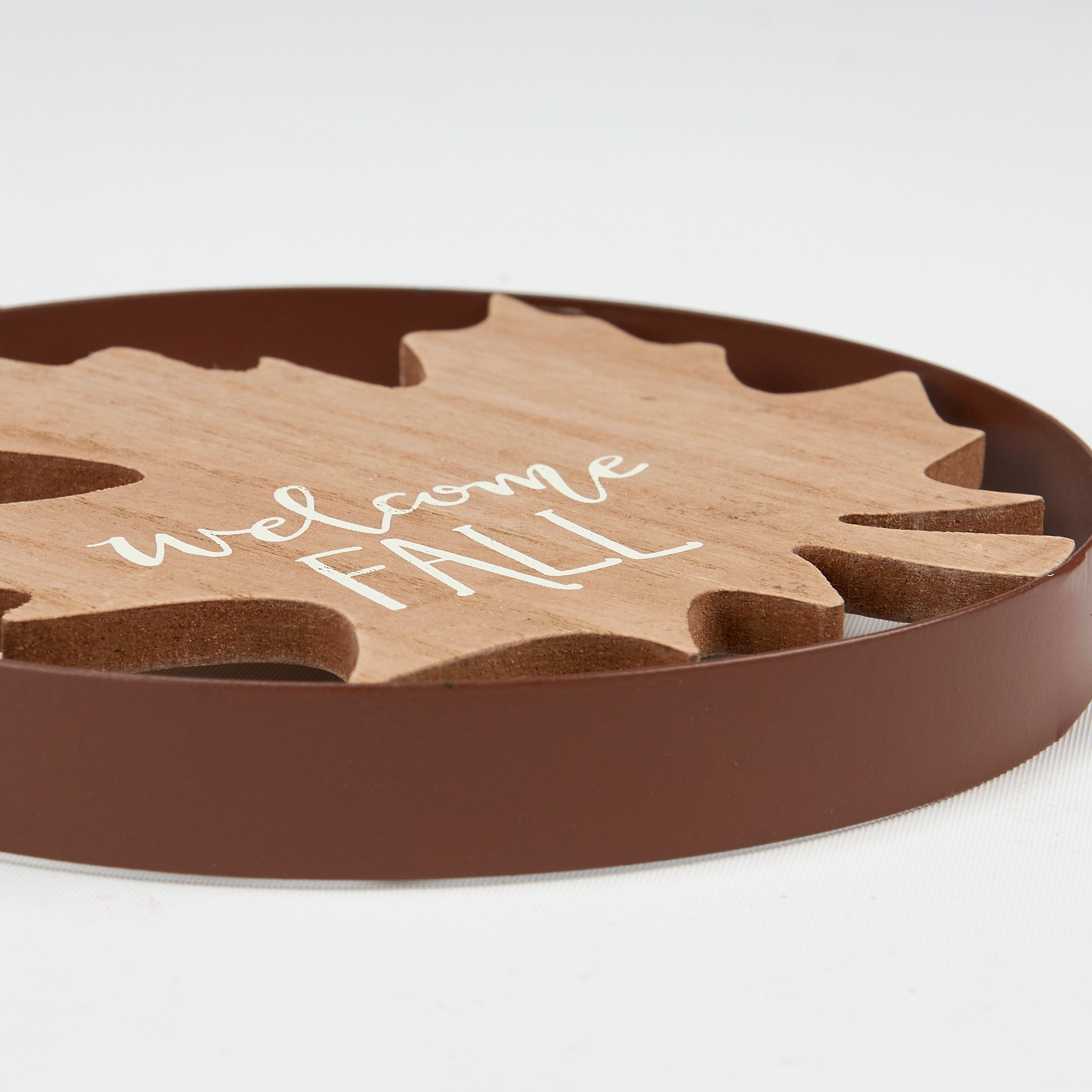 Rustic Wooden Leaf 'Welcome Fall' Ornament with Metal Ring Hanger