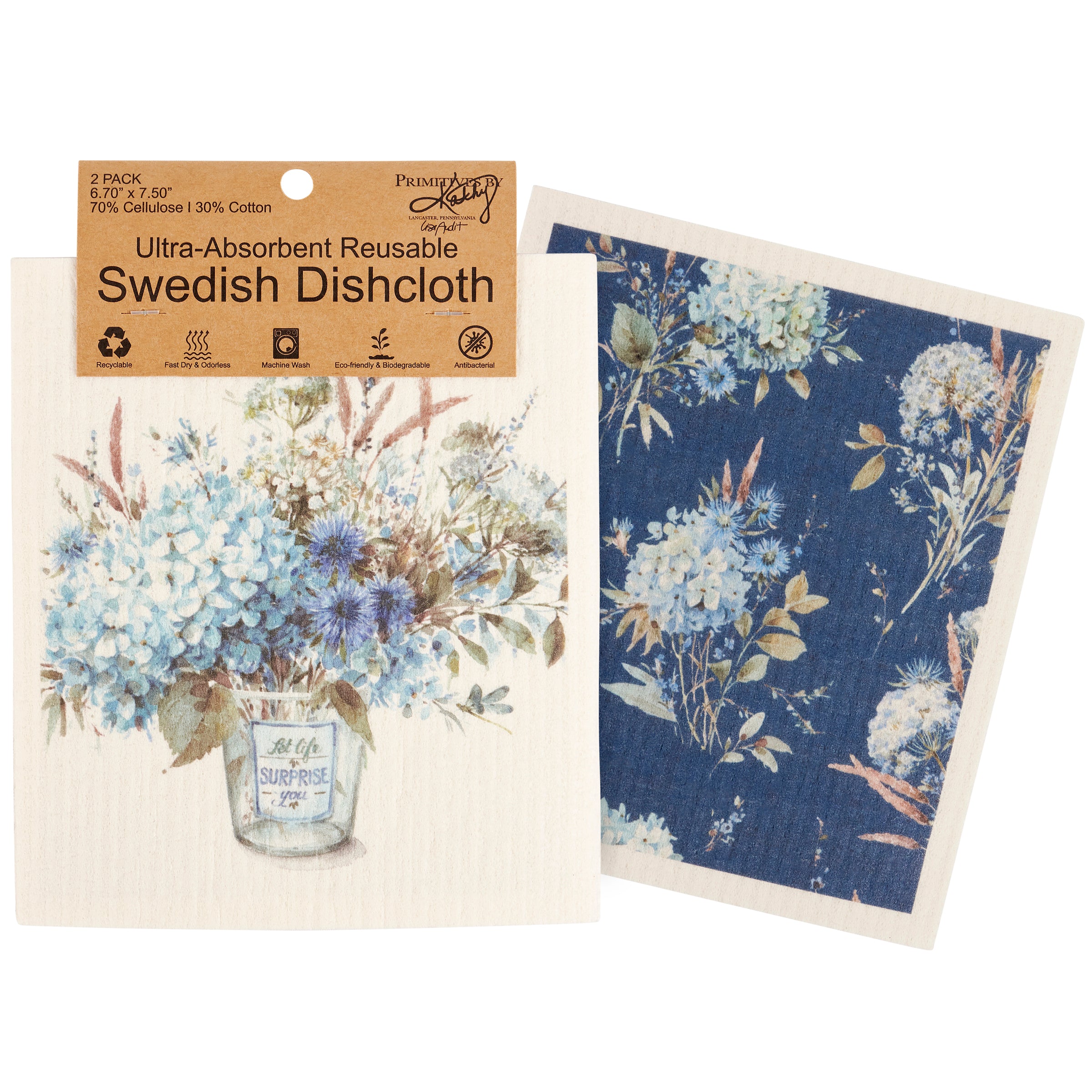 Eco-Friendly Blue Floral Swedish Dishcloth Set - Absorbent Kitchen Cleaning Towels