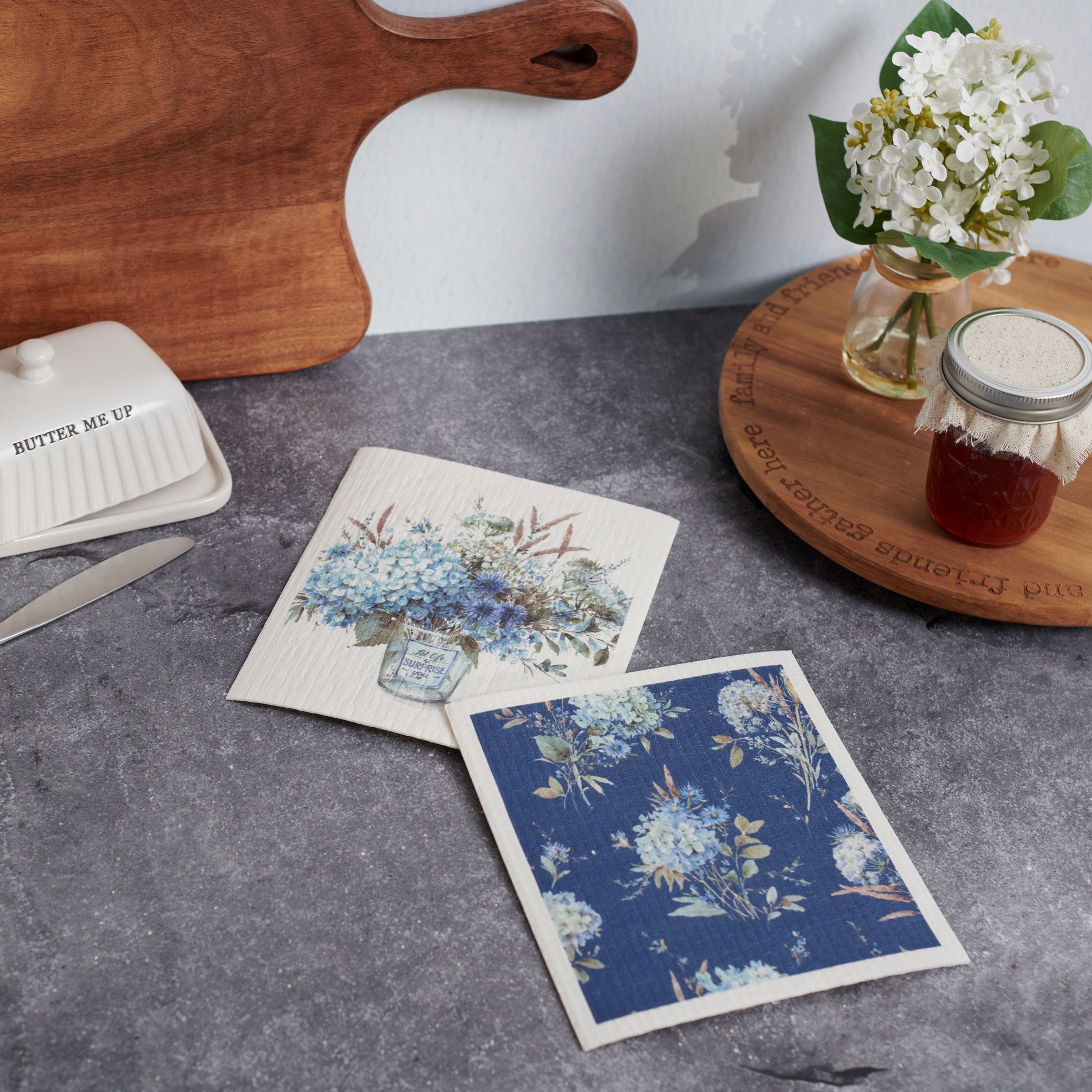 Eco-Friendly Blue Floral Swedish Dishcloth Set - Absorbent Kitchen Cleaning Towels