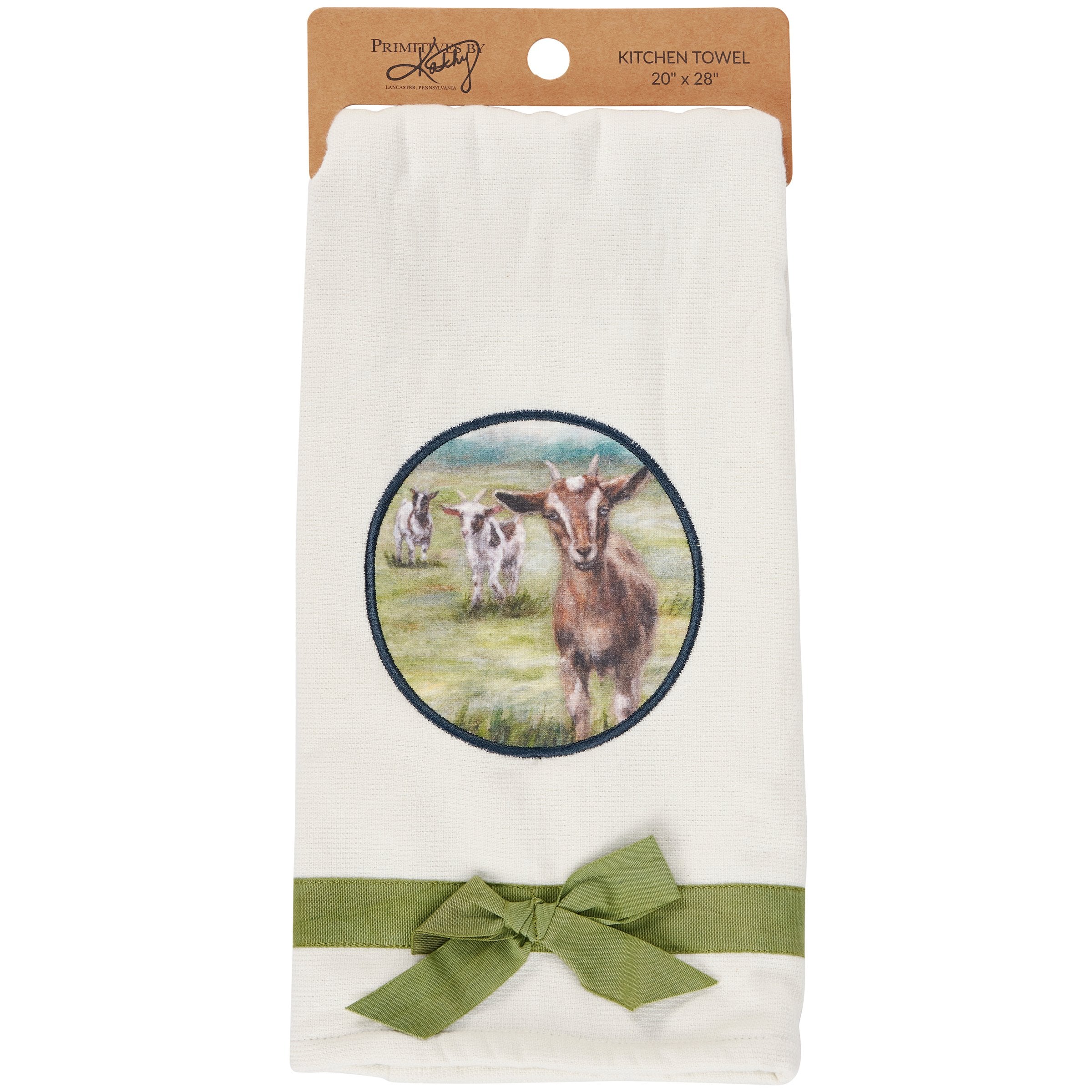 Charming Farmhouse Goats Kitchen Towel - Absorbent Cotton Terrycloth with Ribbon Accents