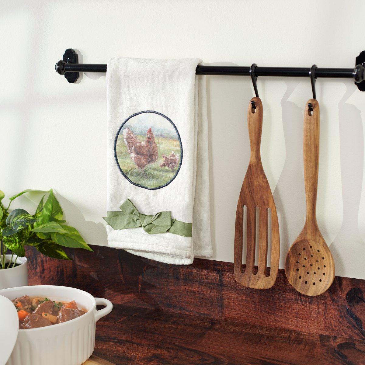 Charming Farmhouse Chicken Kitchen Towel - Absorbent Cotton Terrycloth with Ribbon