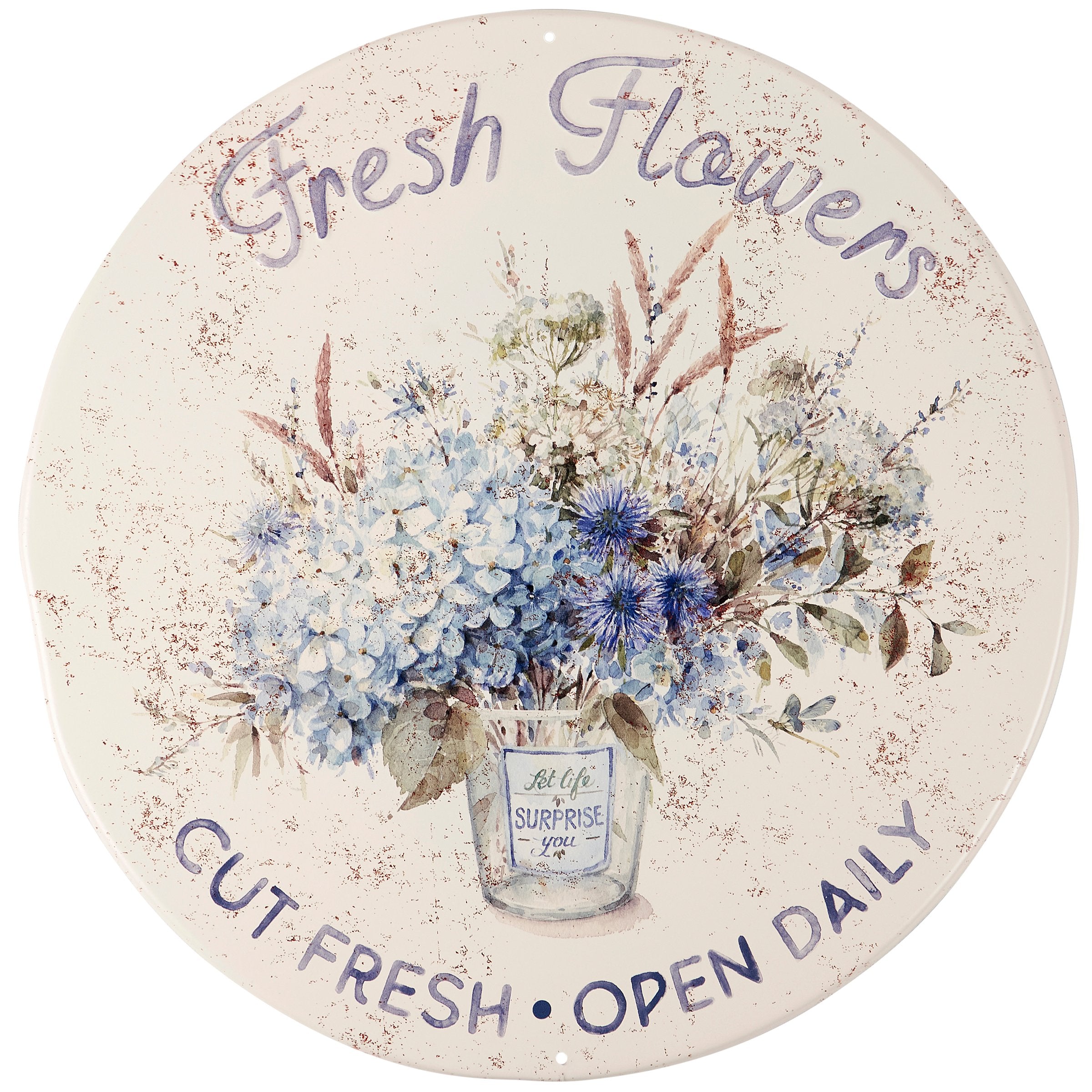 Rustic Metal Wall Decor Sign: Fresh Cut Blue Flowers & Daily Open Sentiment