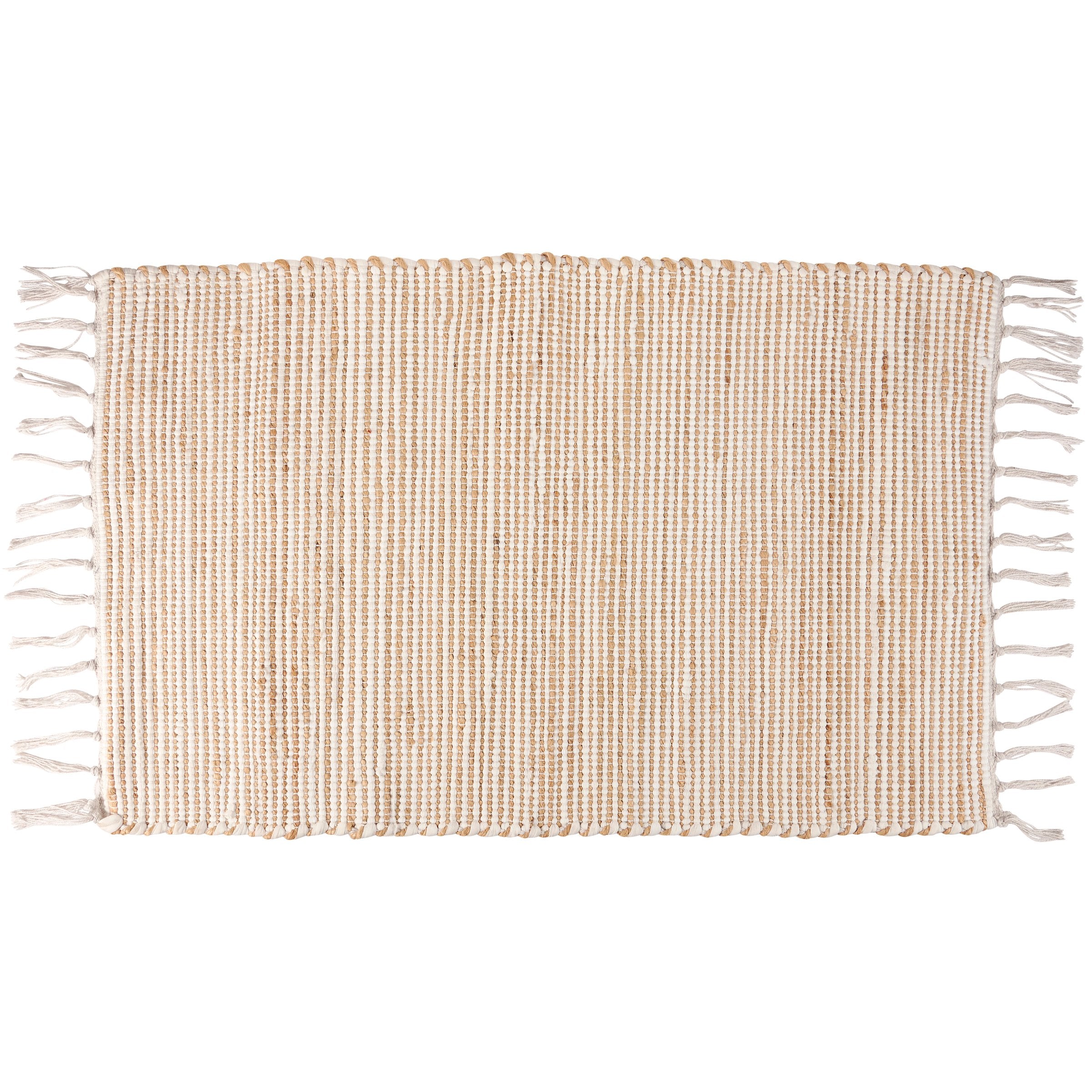 Chic Cream Woven Cotton Rug with Tassels, Perfect for Indoor/Outdoor Decor